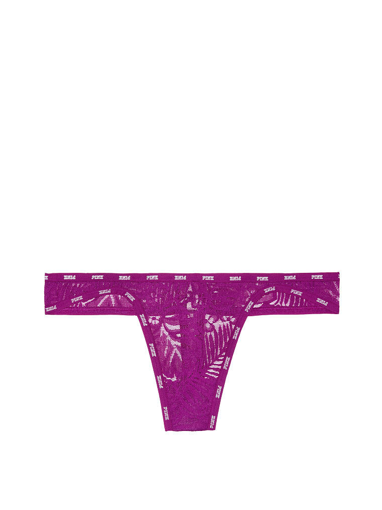 Victoria’s Secret PINK Logo-Trim Lace Thong Panty Deep Purple