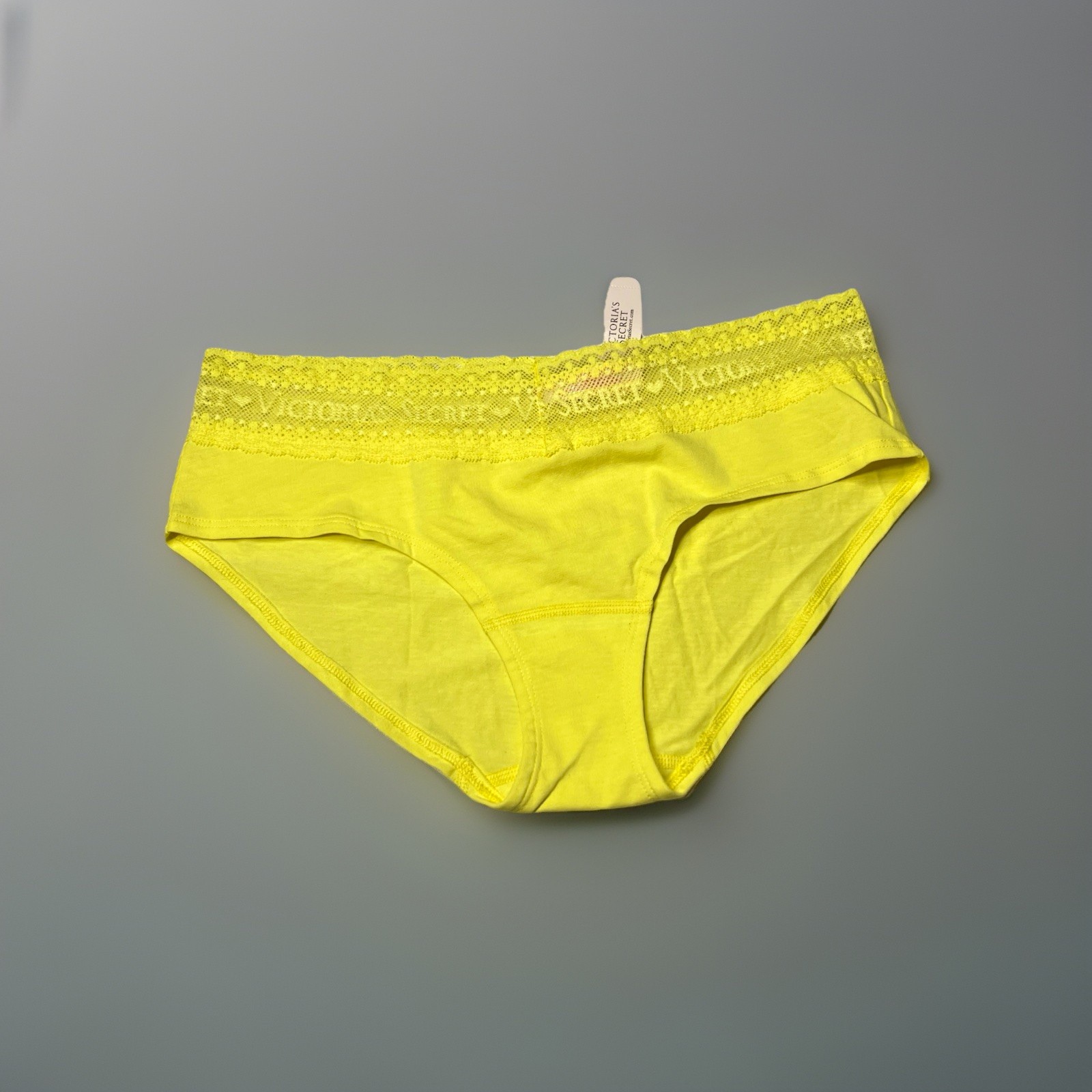 Vintage Victorias Secret Bright Lemon Yellow Lace Trim Low Rise Hiphugger Panty