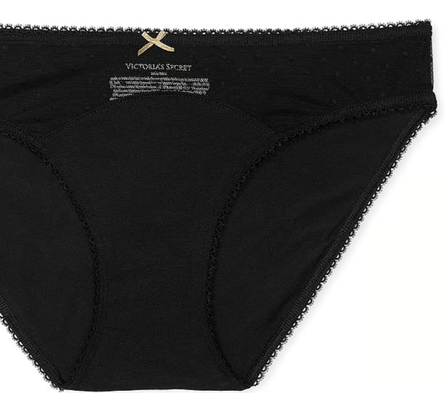 M NOIR Dk Black Dot Mesh Gold Bow Stretch Cotton Victoria’s Secret BIKINI Panty