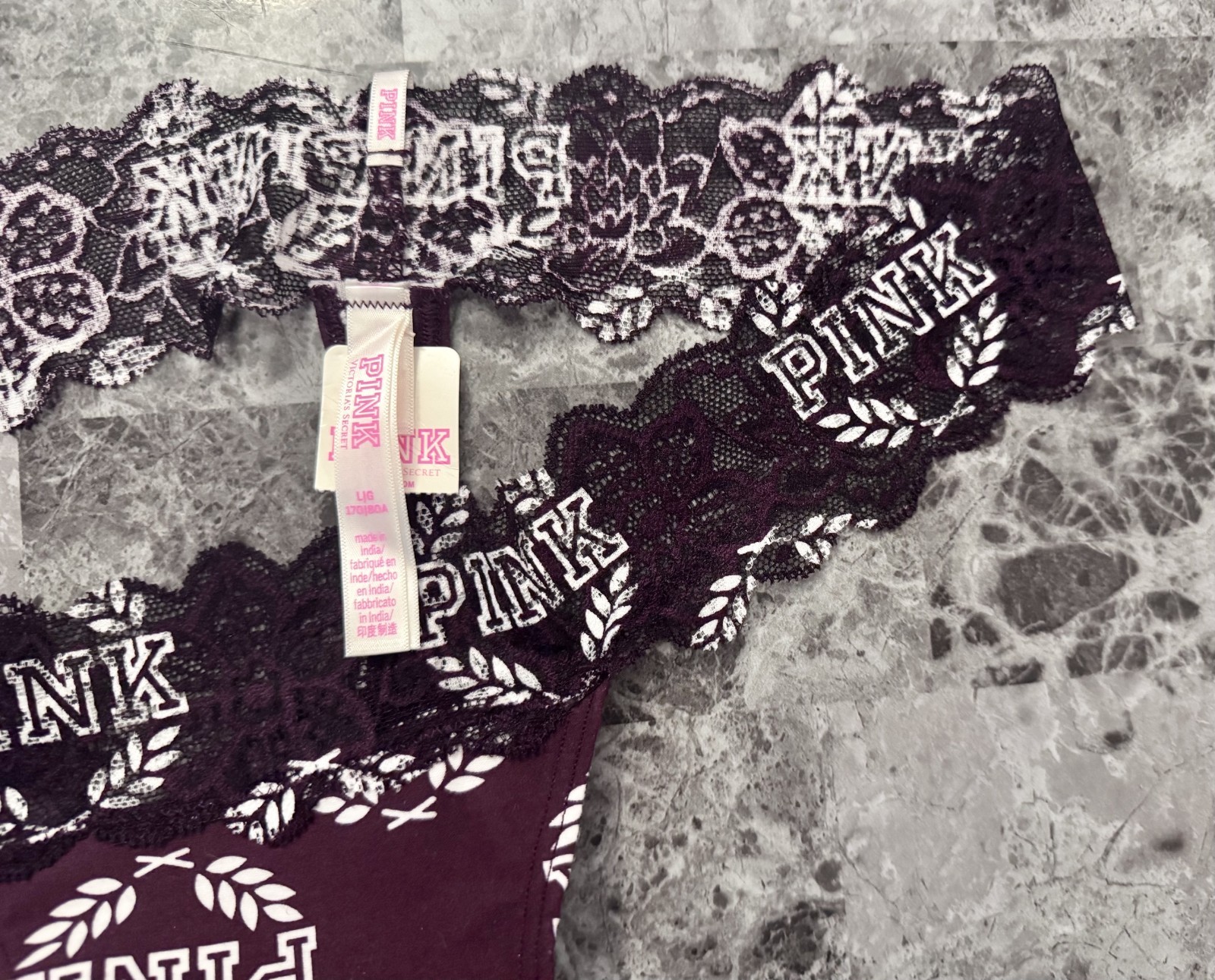 NWT VICTORIA’S SECRET PINK L MAROON WHITE LOGO FLORAL LACE RARE THONG PANTIES