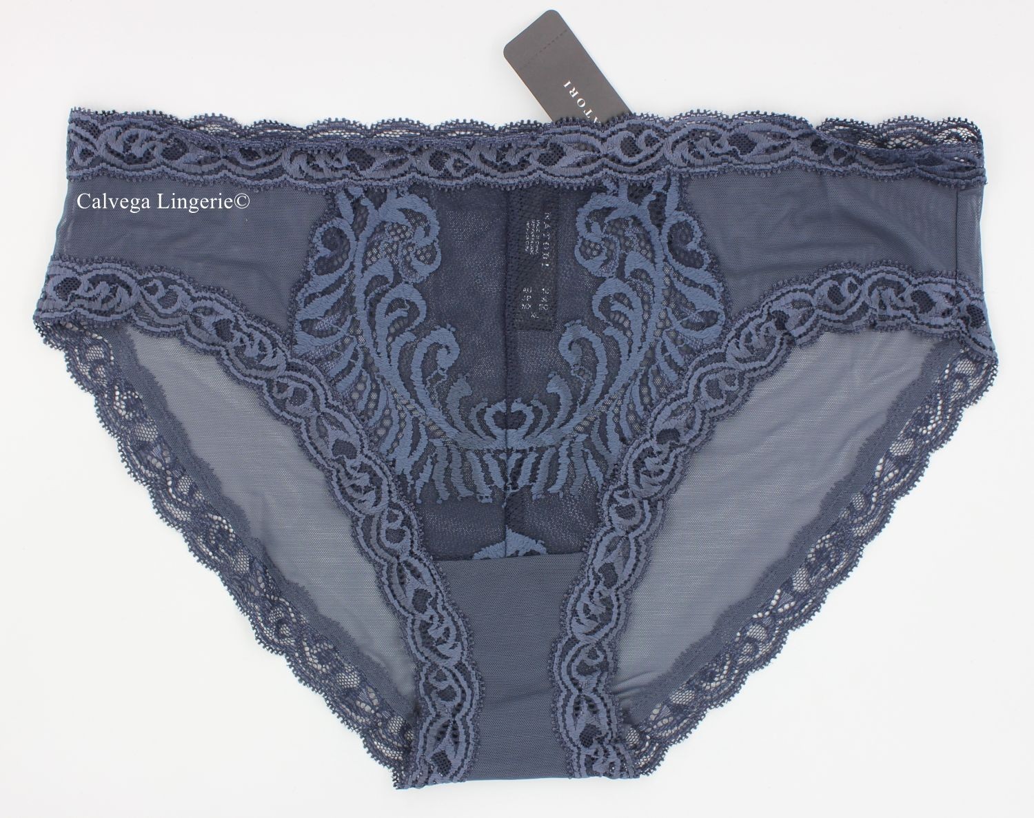 NWT NATORI 753023 “Feathers” Mesh w/Lace Hipster, Navy Blue (“Ash Navy”), XL