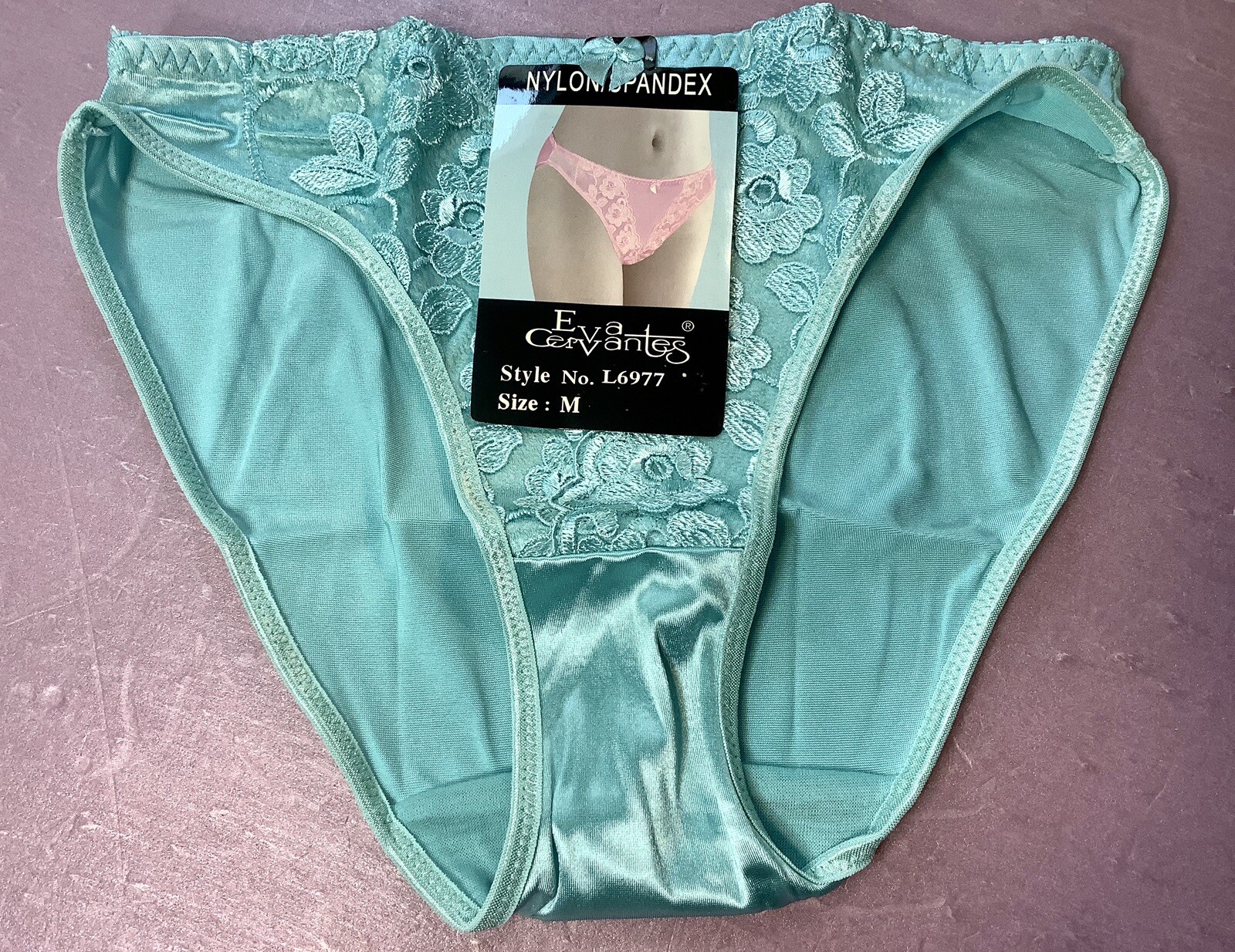 Women Panties,Bikinis “Eva Cervantes” Size L. Sea Blue Satin Floral W/decoration
