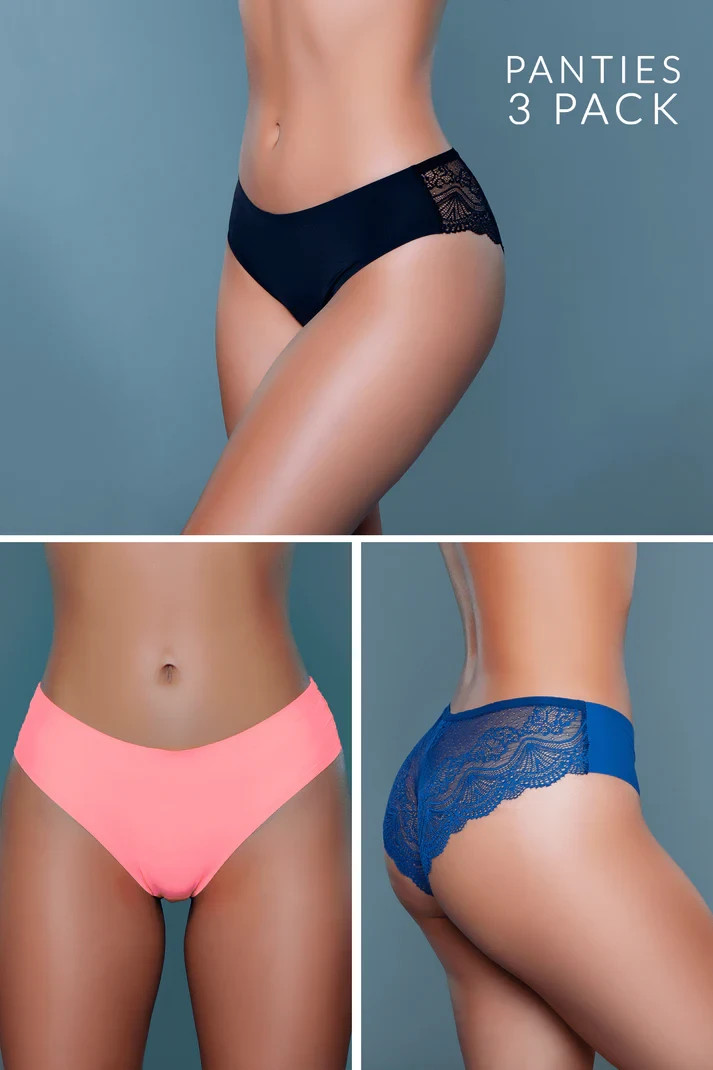 3 Pack Cheeky Panty Midrise Floral Lace Scalloped Edge Back Black Navy Blue