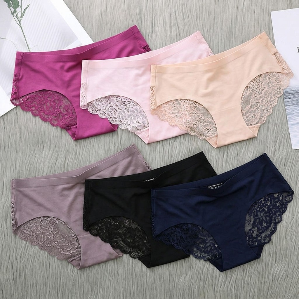 6 Pack Ice Silk Mid-Rise Lace Trim Briefs Women’s Seamless Underwear