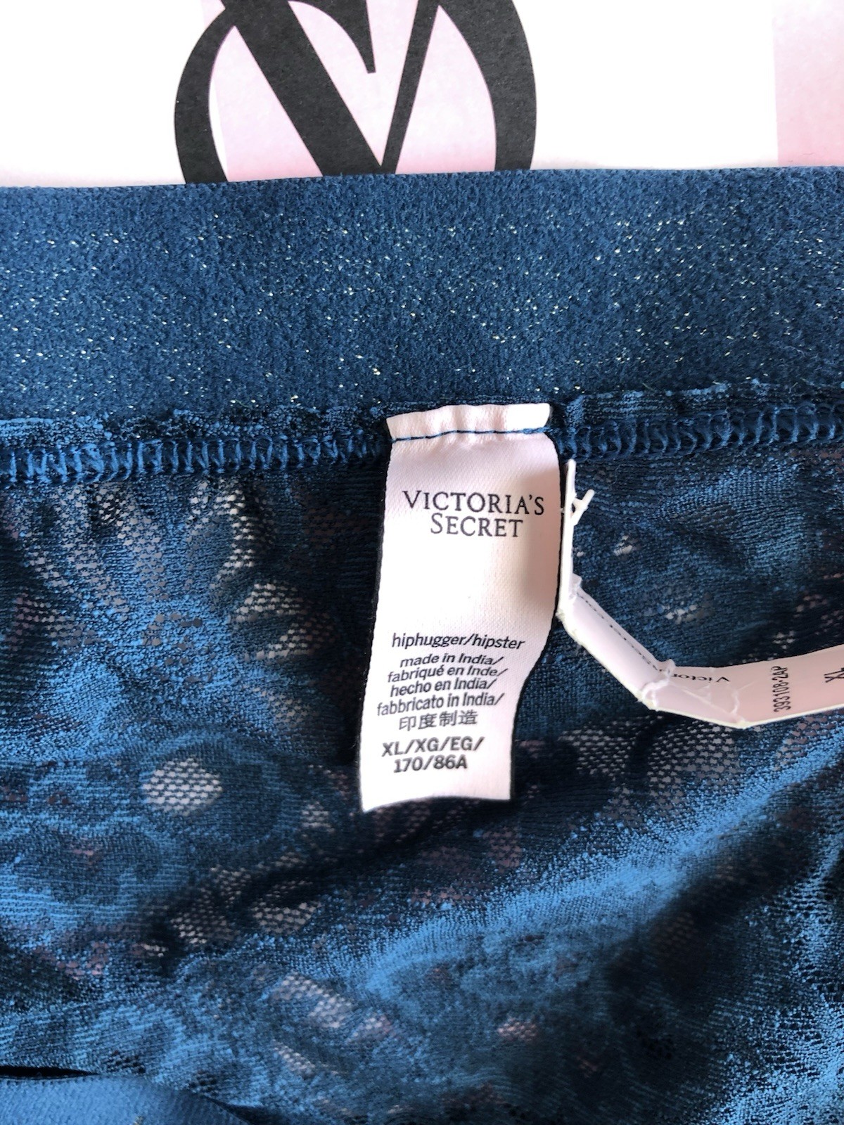 Victoria’s Secret Women’s Lace And Glitter Band Hiphugger Panty Dark Blue XL NWT