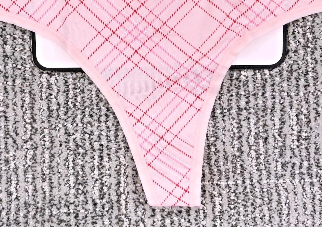 Victoria’s Secret NWT Large Pink Plaid Shine Patch Thong Panty Logo Rhinestone