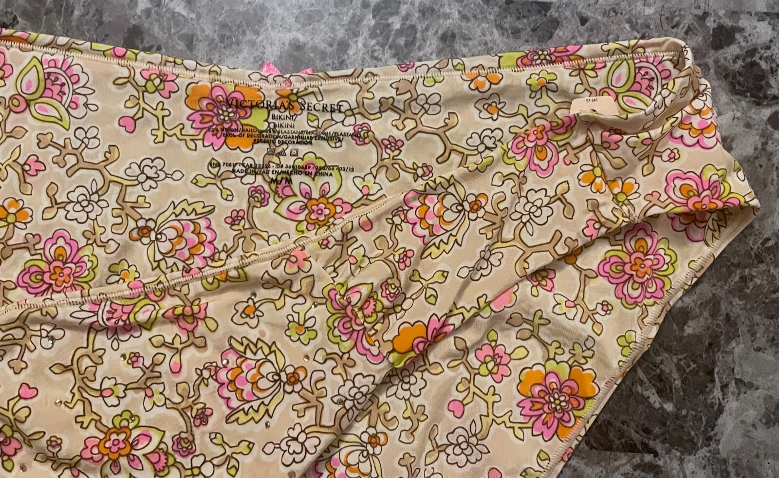 VICTORIA’S SECRET M BEIGE NUDE PINK FLORAL SMOOTH RHINESTONE RARE BIKINI PANTIES