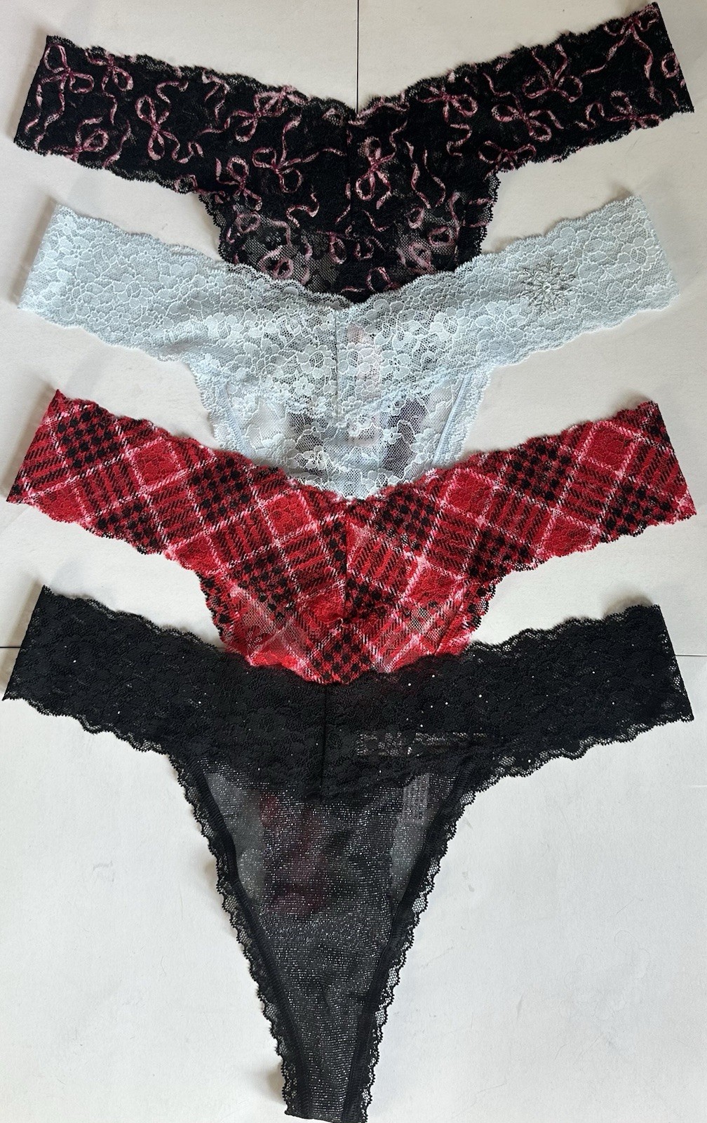 Victorias Secret Allover Lace Thong String Panty Black Shimmer Red Plaid XL 4pcs
