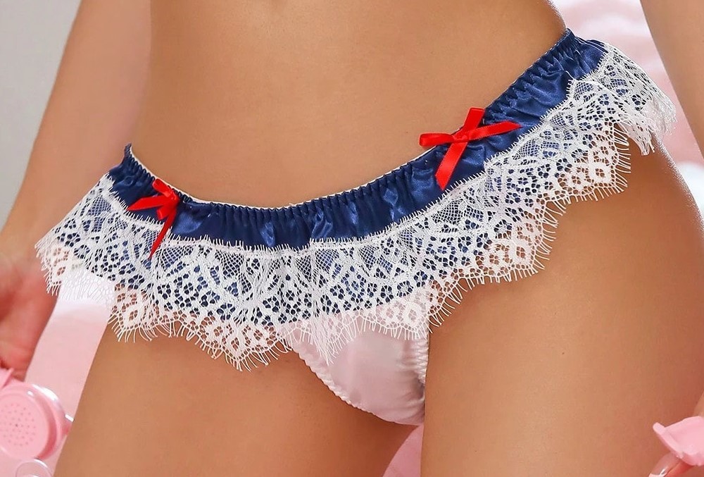 Pretty White Blue Satin n Silky Tanga Knickers Frilly Skirted Garter Panties XL