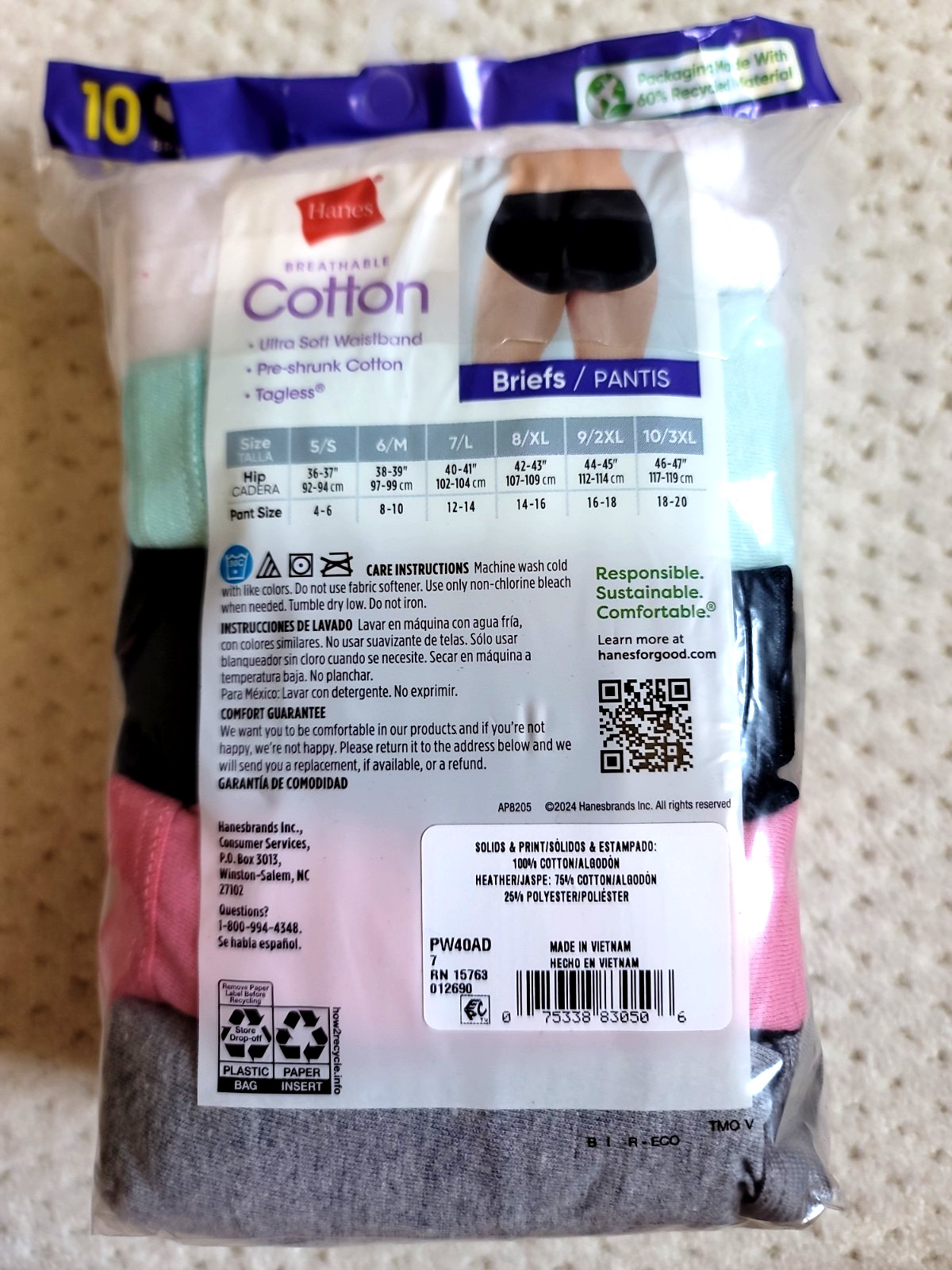 Hanes Womens 10 PACK Tagless Breathable Cotton Full Coverage Wicking Briefs, 7/L
