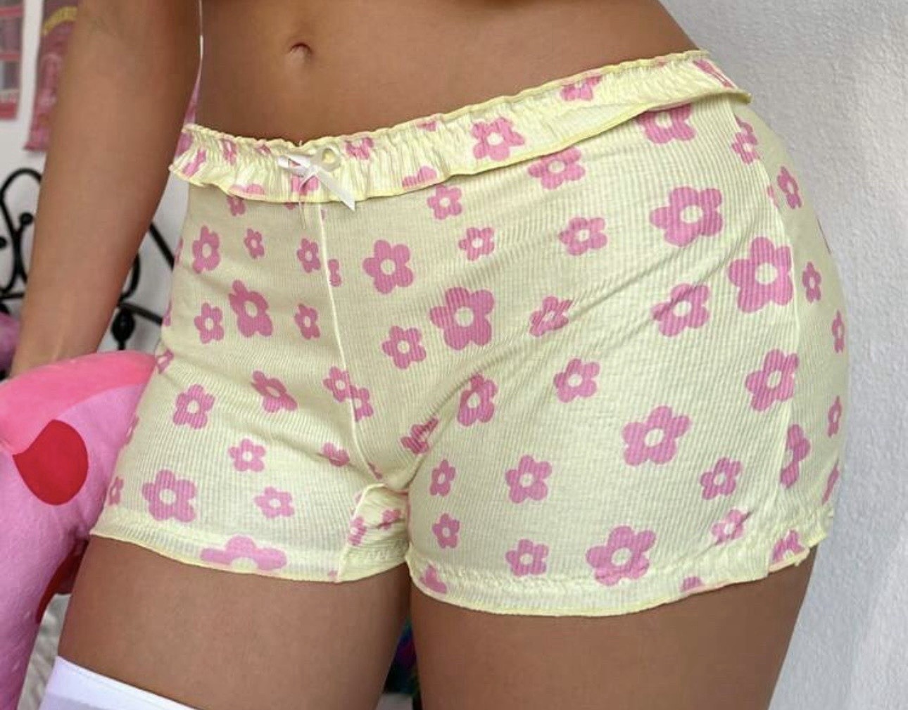 Cute Yellow w Pink Floral Ribbed Knit Sissy Boy Shorts Brief Panties XL NEW
