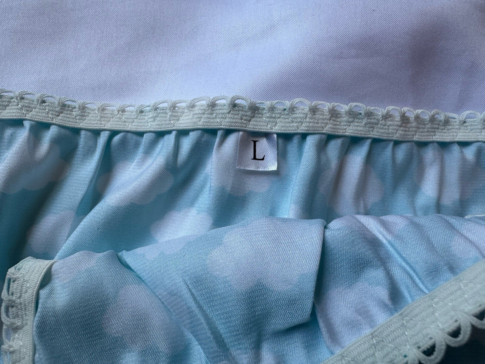 NWOT Sz L Handmade Shiny Blue Cloud Silky Satin String Bikini Panties