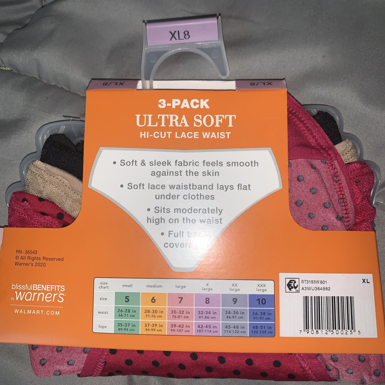 Warner’s Blissful Benefits Ultra Soft Hi-Cut Lace Waist 3 Pack Panties 8 XL NEW
