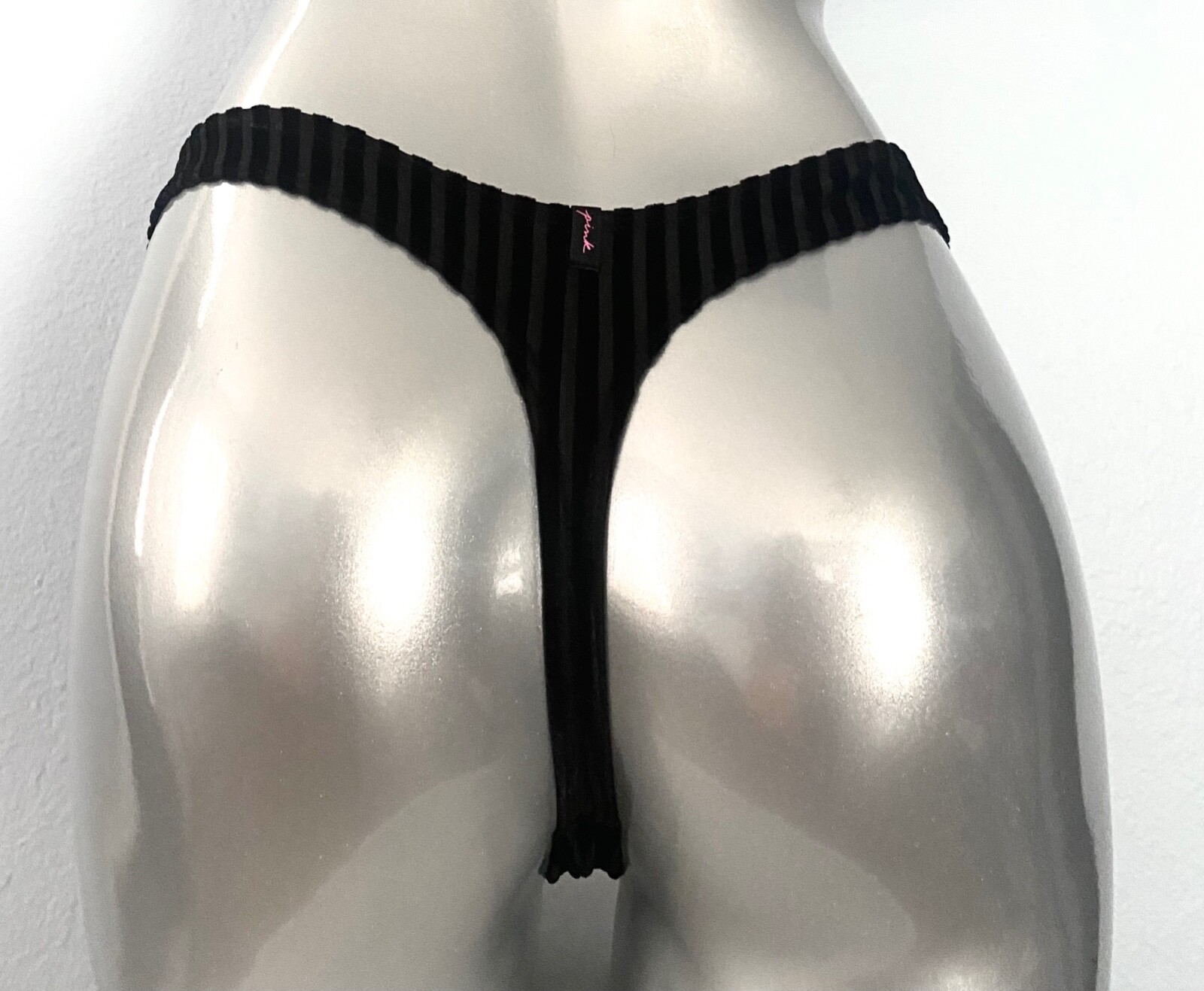 PINK Victoria’s Secret Thong Panty New Black Velvet & Mesh Rib High Leg S M L XL