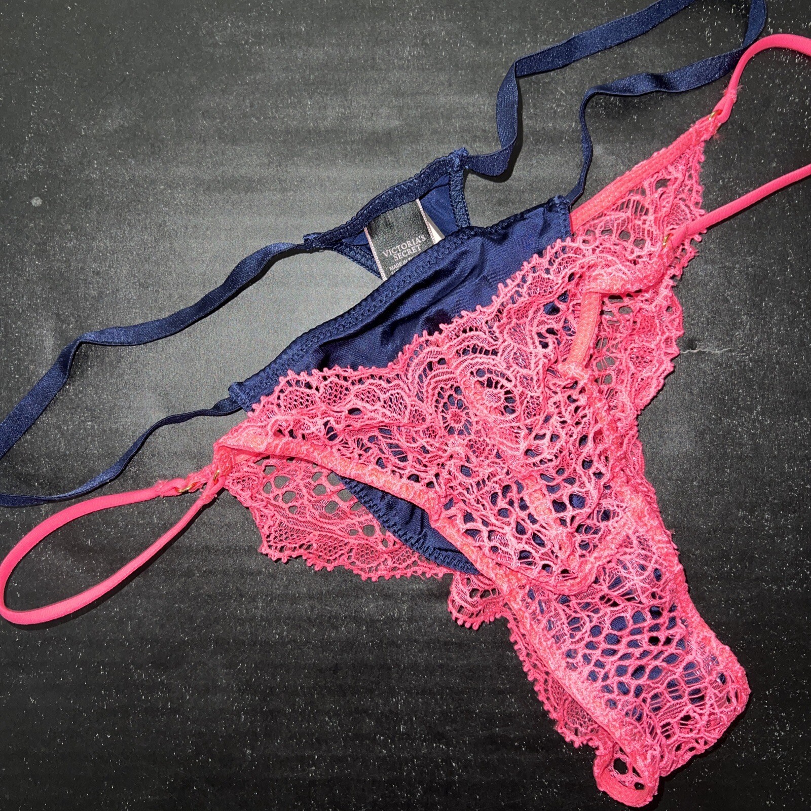 Victoria’s Secret XS,M,L THONG Panty NAVY BLUE neon PINK LACE fishnet VERY SEXY