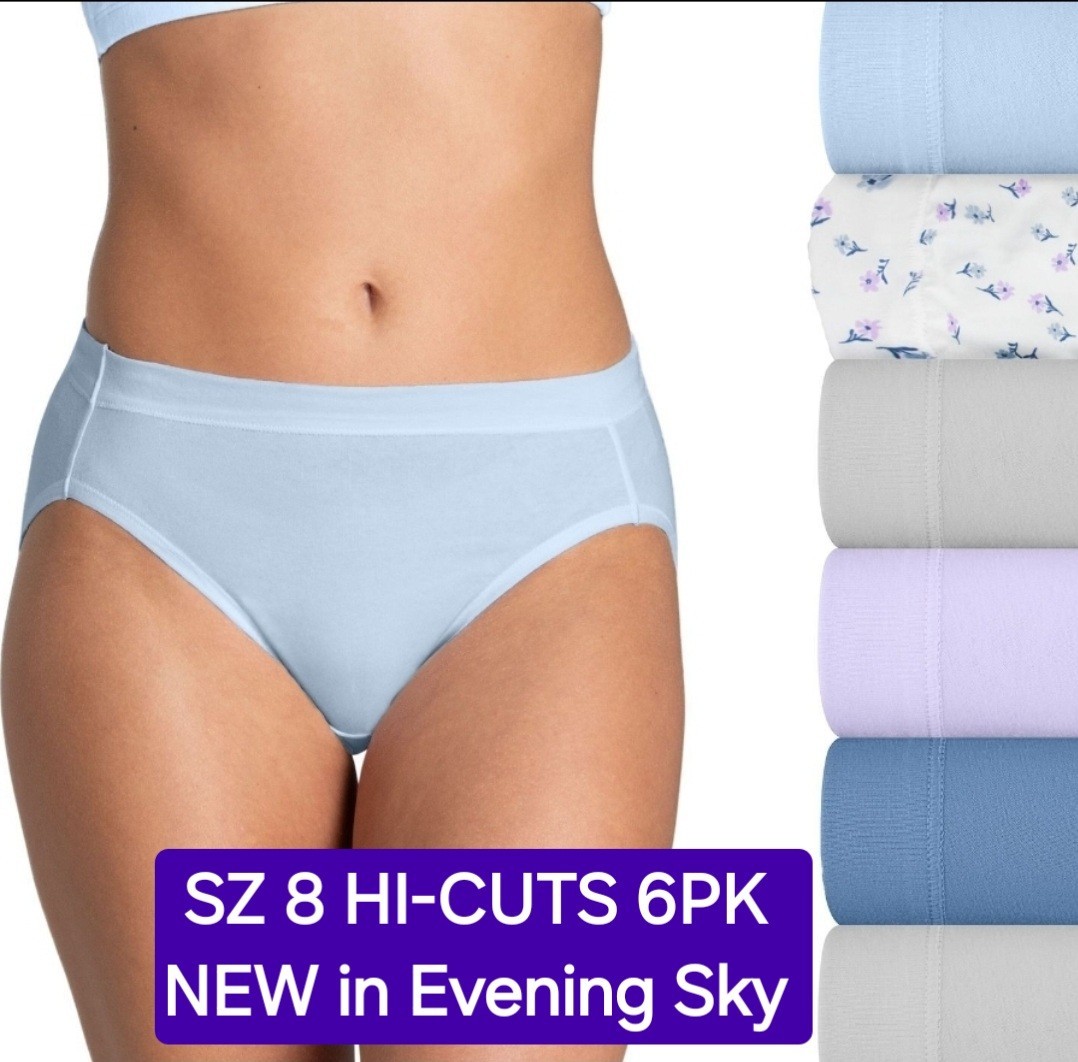 SZ 8 Fruit of the Loom SIGNATURE HI-CUTS 6PK 94%Cot/6%Span NEW: Evening Sky