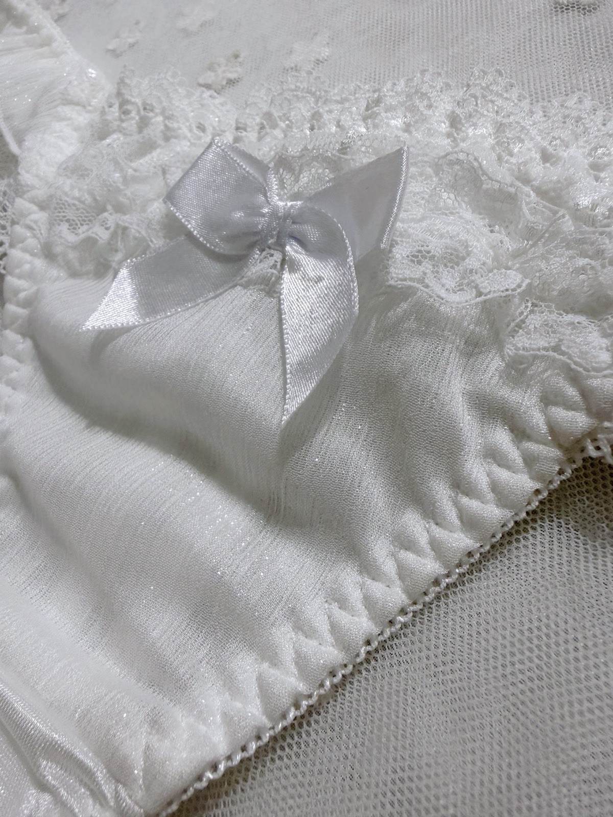 US-S Japanese Brand Satin Bow Glittery Chiffon Trim Lace Ruffle Nylon Thong