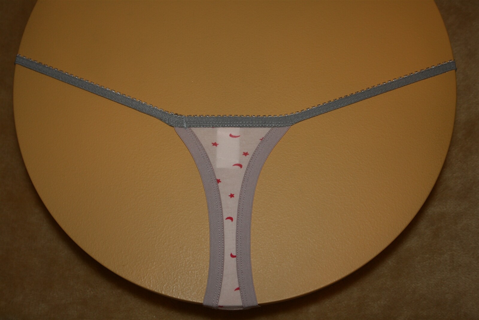 Peach G-String w Light Beige Bands, Gray Band, Red Moons & Stars – Size S