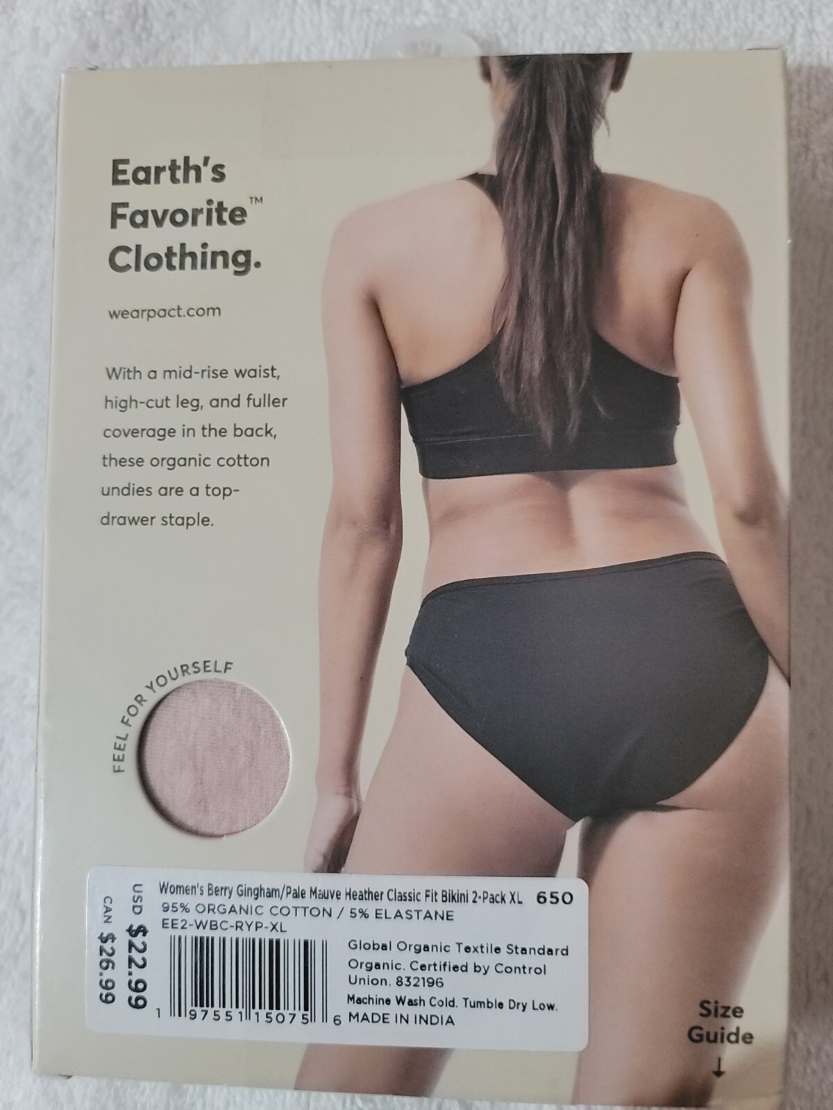 Pact Women’s 2-pack Classic Fit Bikini Size “XL” Made With Organic Cotton
