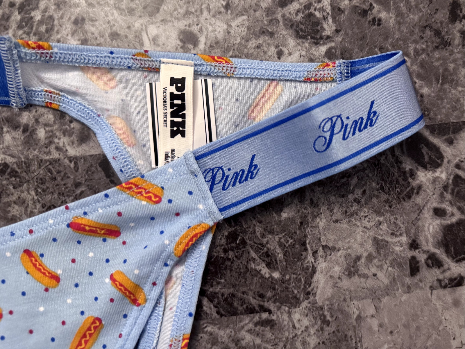 NWT VICTORIA’S SECRET PINK HOTDOG POLKA DOT THICK LOGO SIDE STRAP THONG PANTIES