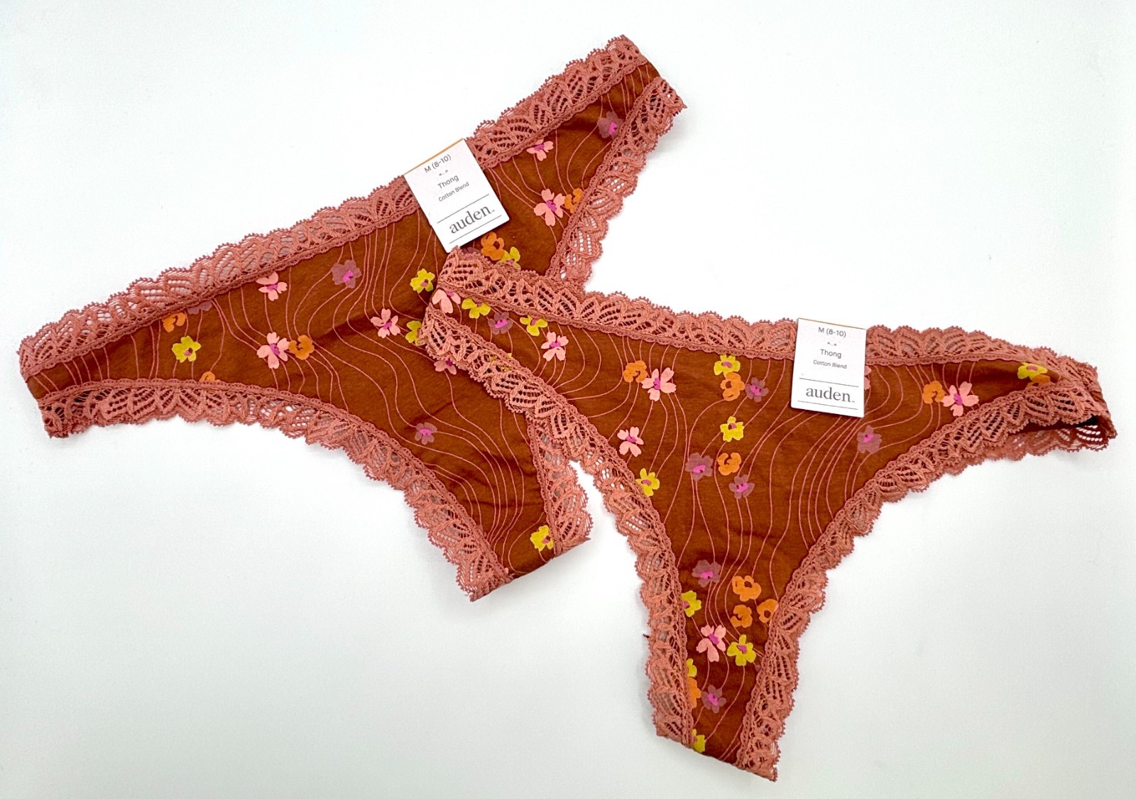 Auden Thong Panties Women Sz M 8-10 Brown Floral Cotton Underwear Lace Fall New