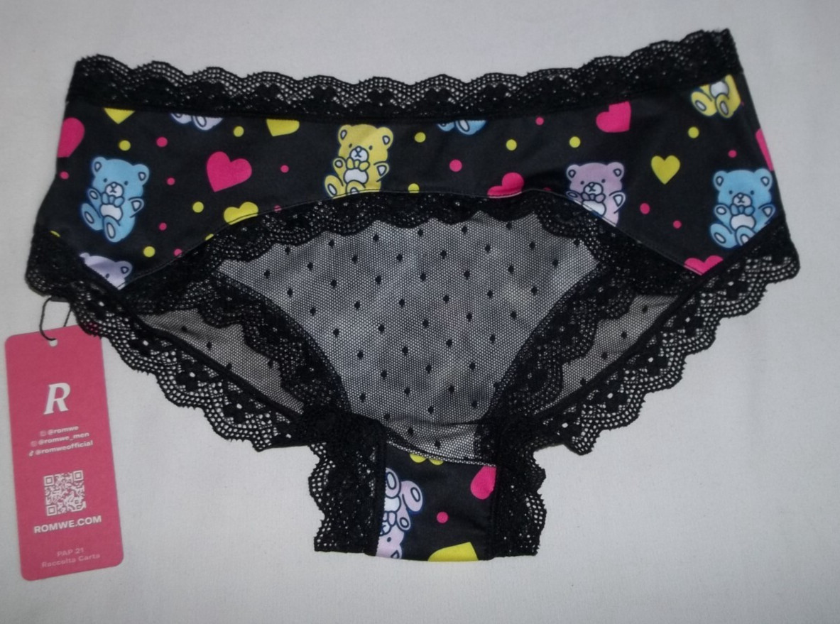 Romwe kawaii lace trim bear/dot/heart print panties w/mesh rear S black nwt 80s