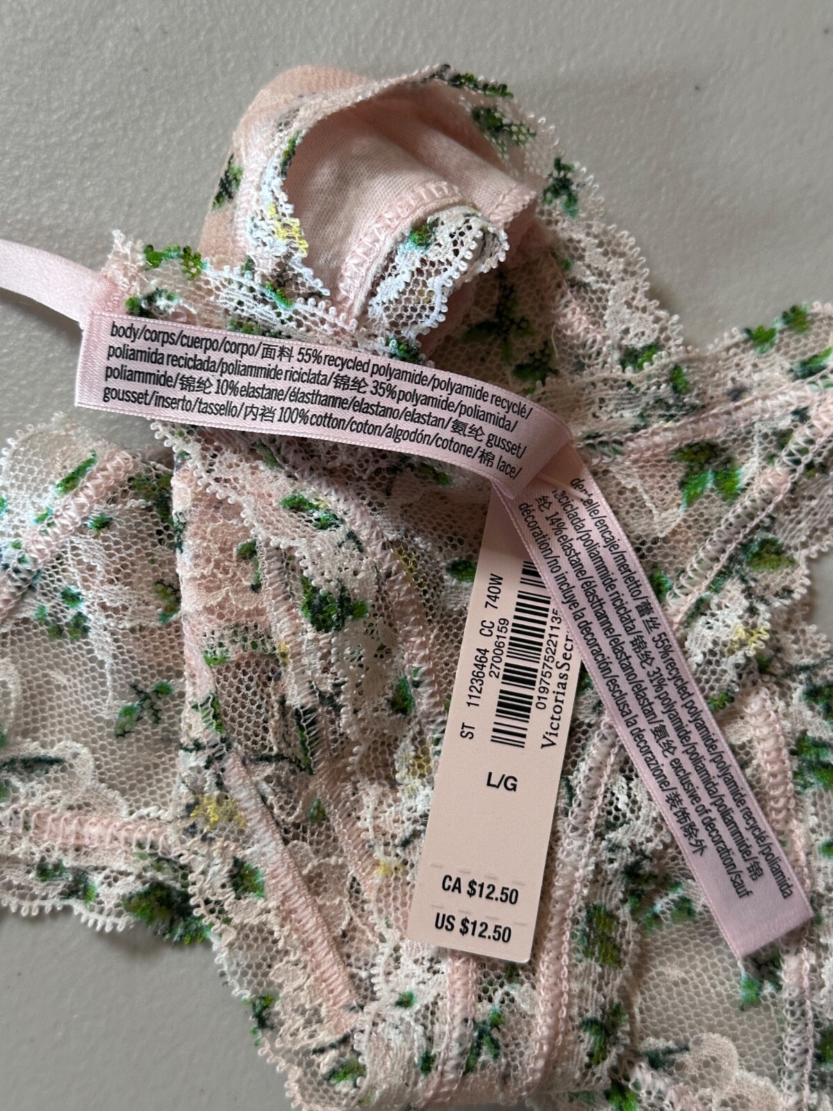 New Victorias Secret Underwear Large Green Leafy Lace Sheer String Thong Elastic