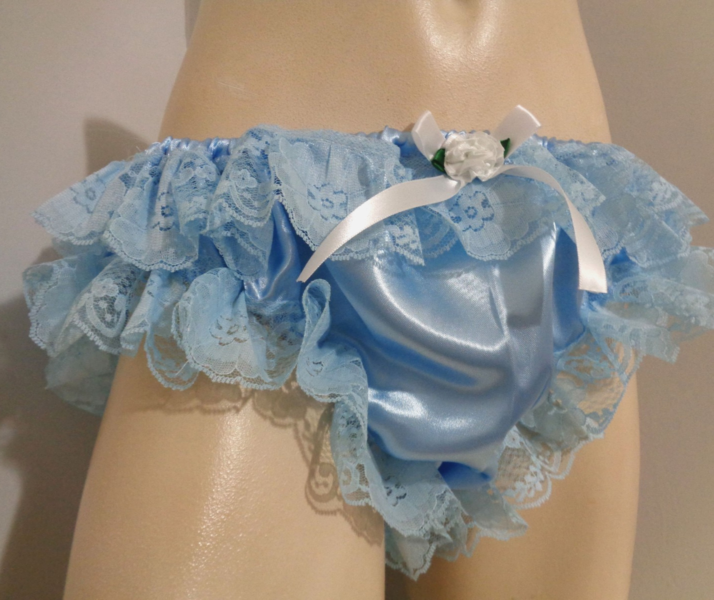adult sissy handmade powder blue frilly men satin bikini panties dress-up 33-47
