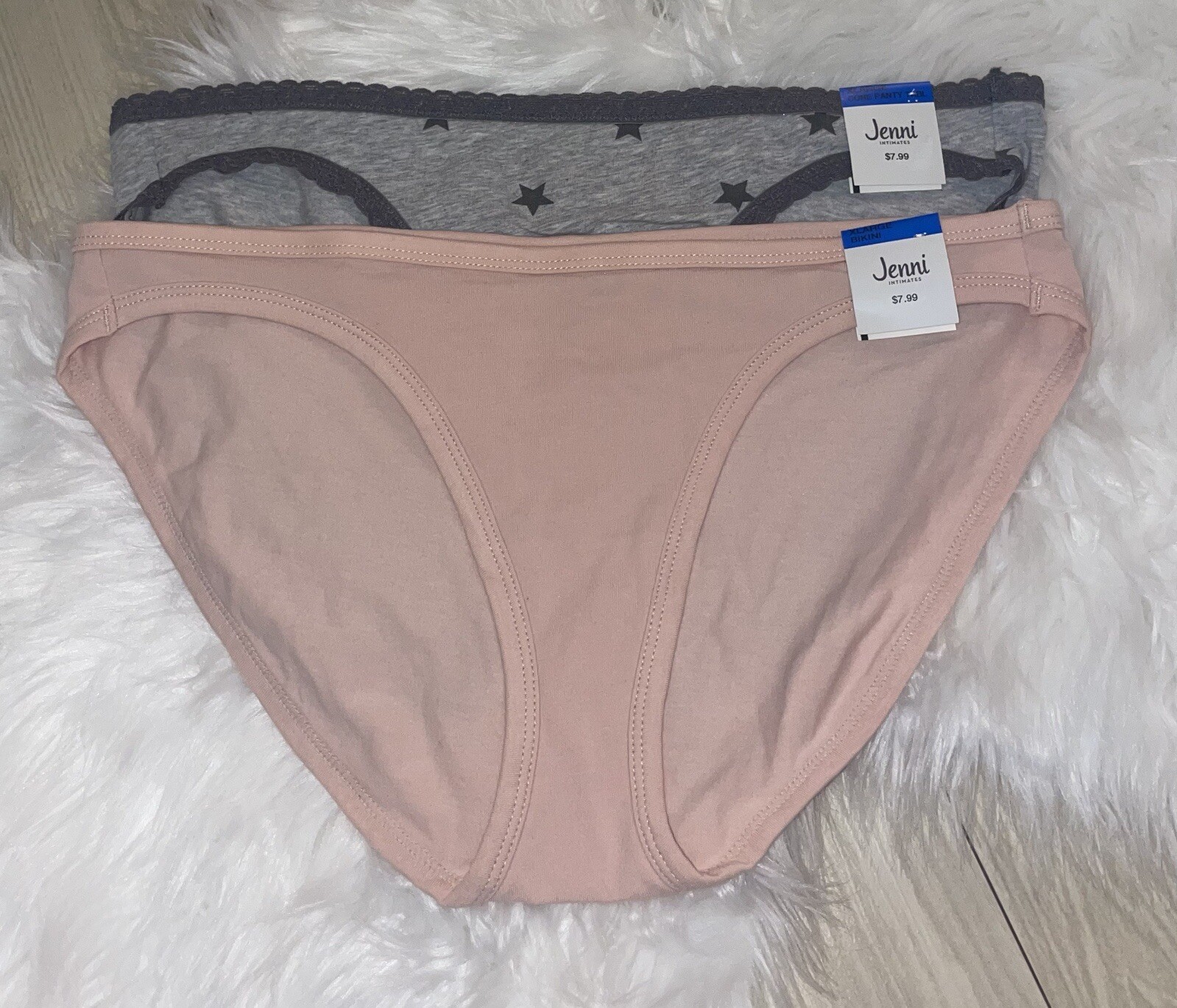 2 Pairs Jenni Cotton Bikini Panties Solid Beige Gray Stars Womens XL XLarge