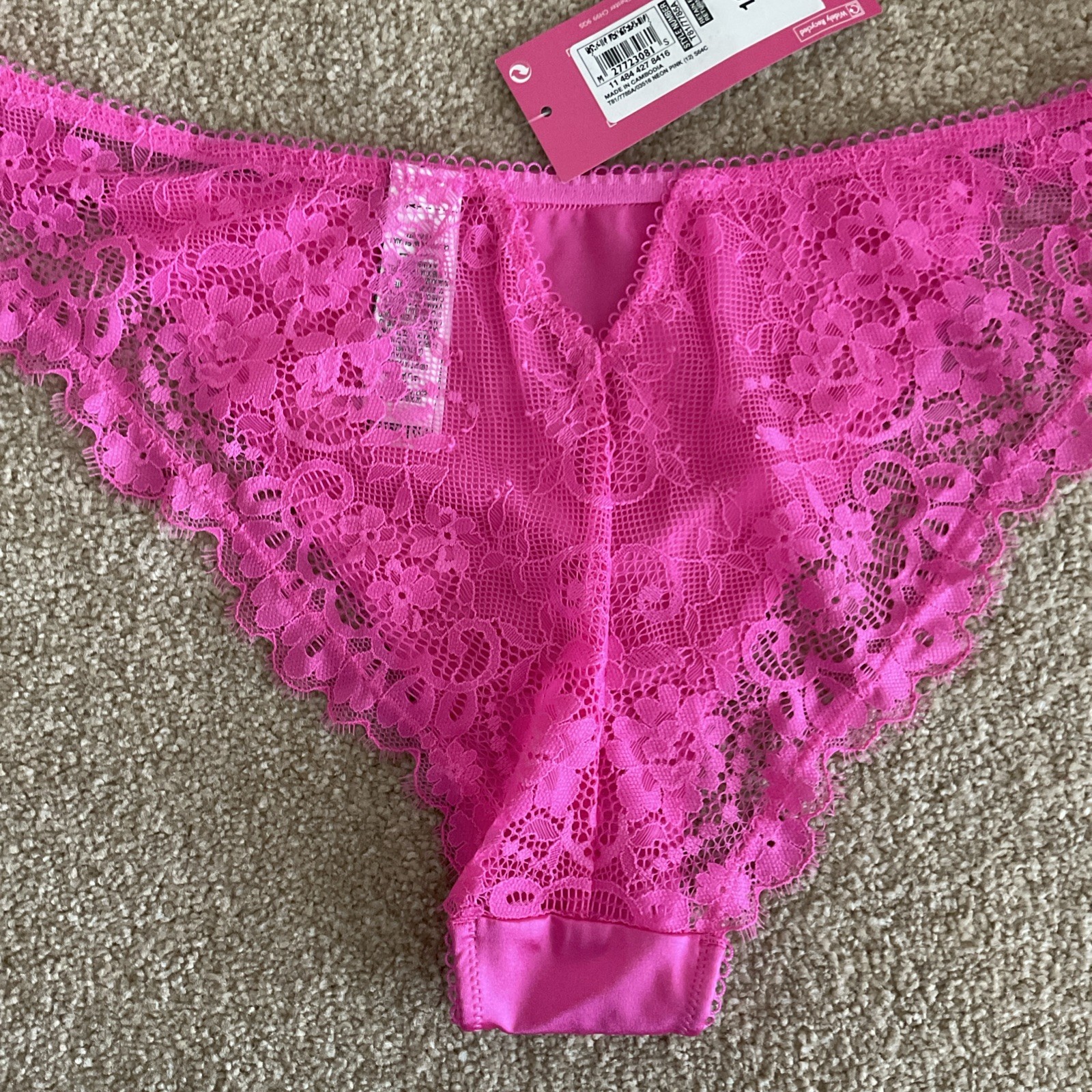 M&S Size 12 Boutique Aleksandra Satin Lace Brazilian Knickers Neon Pink Diamanté