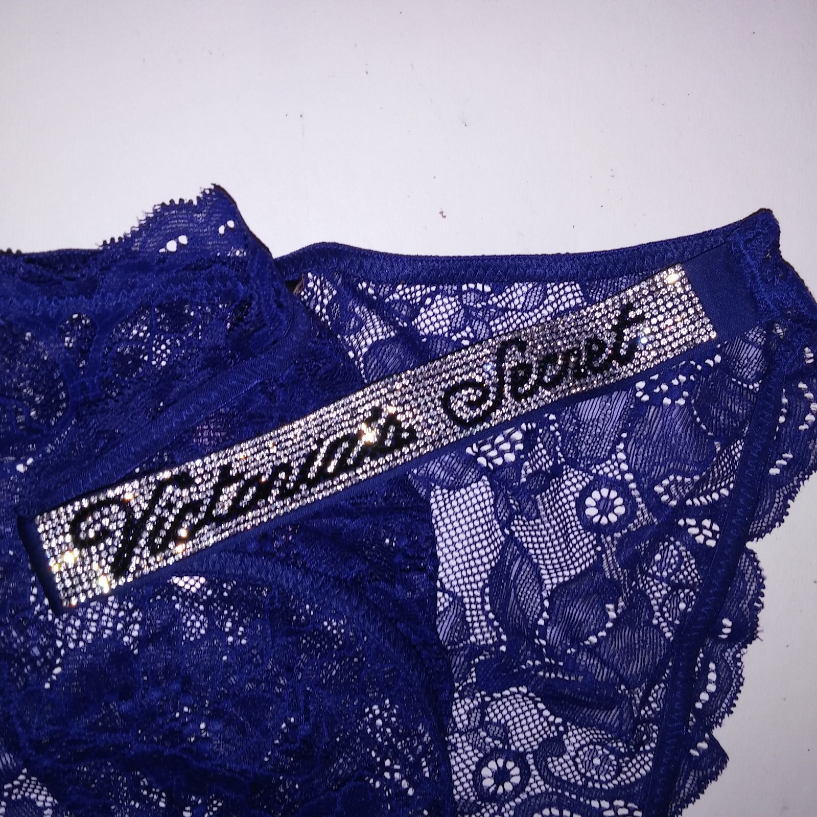 Victoria Secret Panty Bikini Shine Strap Navy Blue Logo Rhinestone Bling New