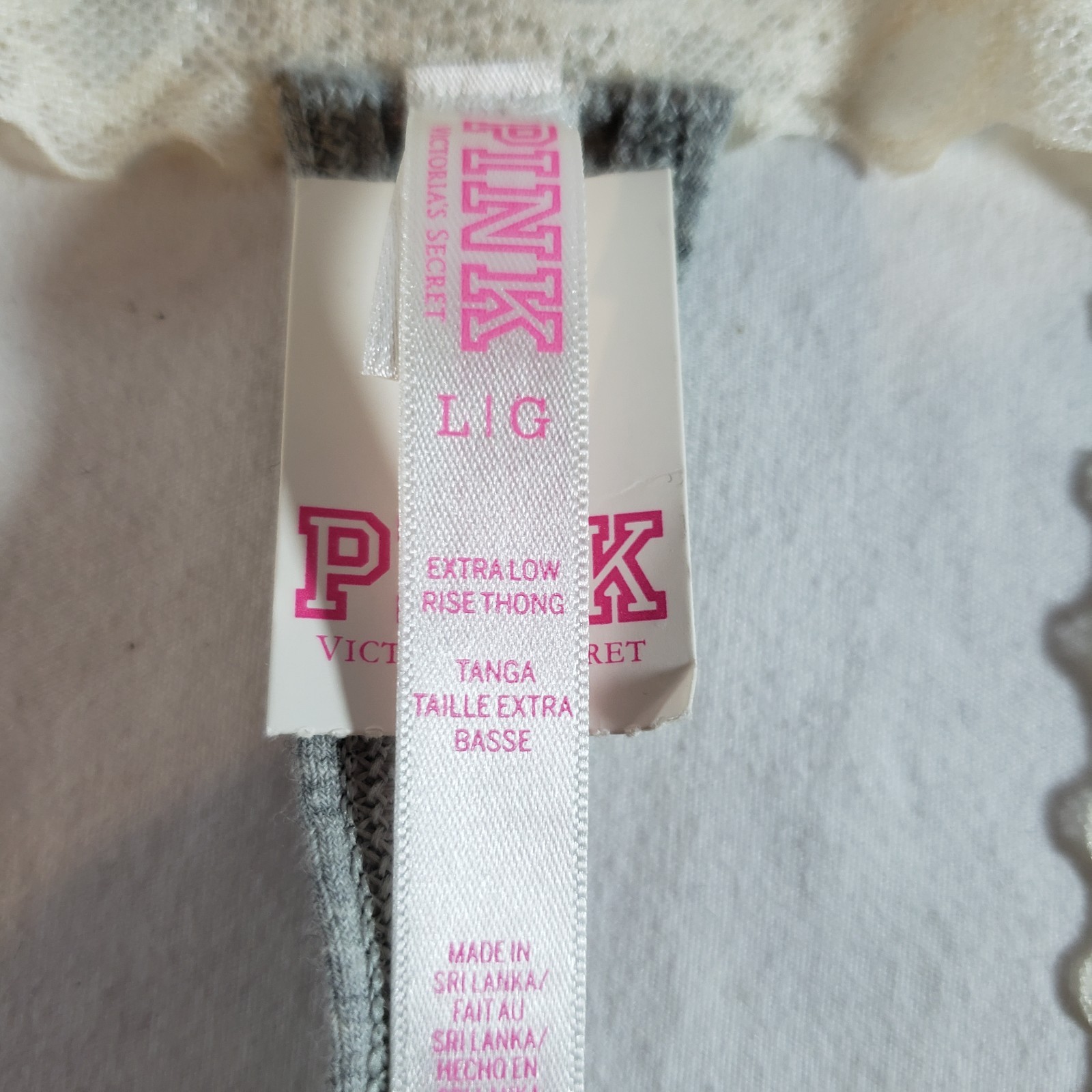 Victoria’s Secret PINK Extra Low Rise Thong Large Gray Ivory Floral Lace