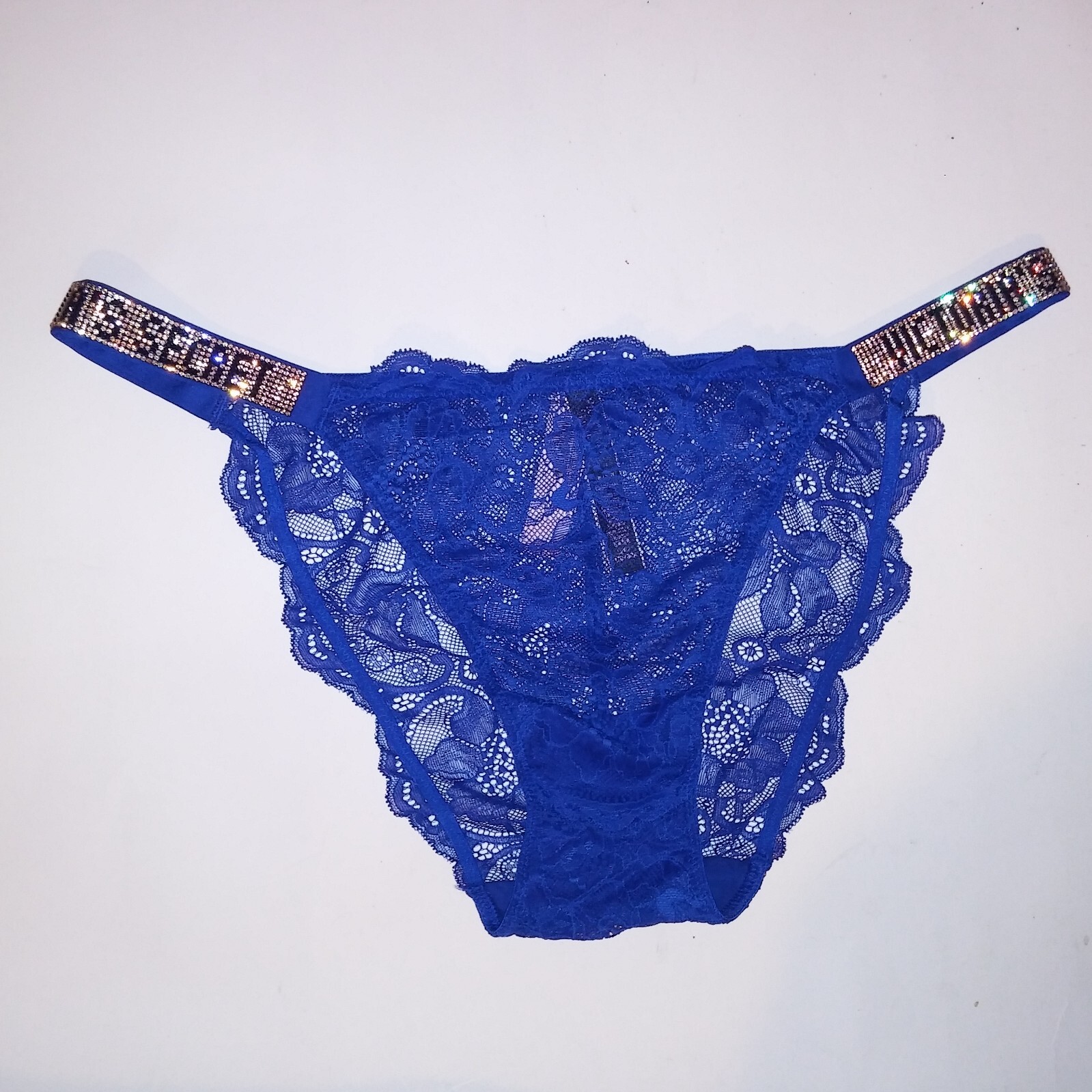 Victoria Secret Panty Bikini Large Shine Strap Blue Logo Rhinestone Bling New