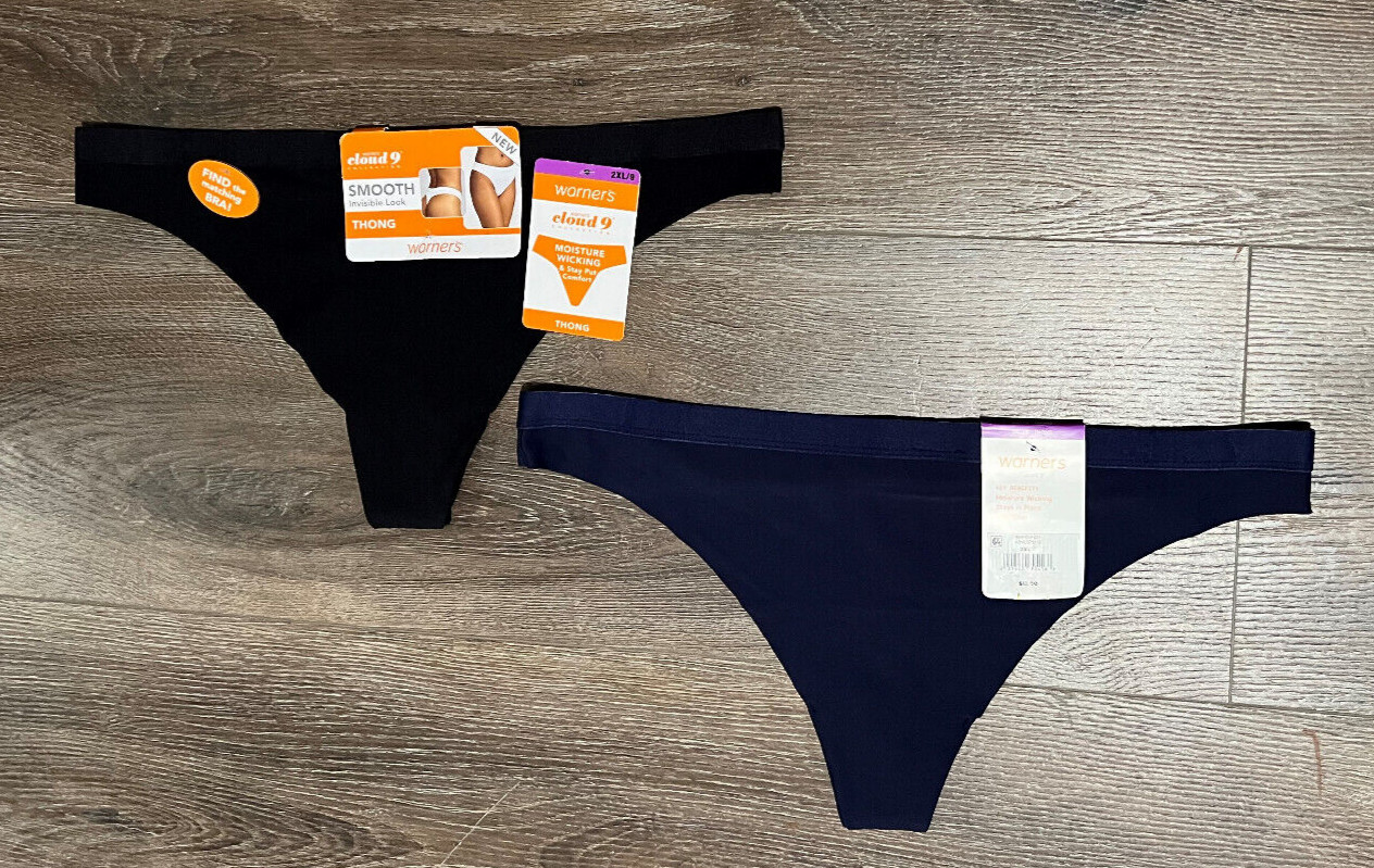 NWT 2 pr WARNERS Cloud 9 Black Blue Microfiber Thong Panty Sz 2XL 9