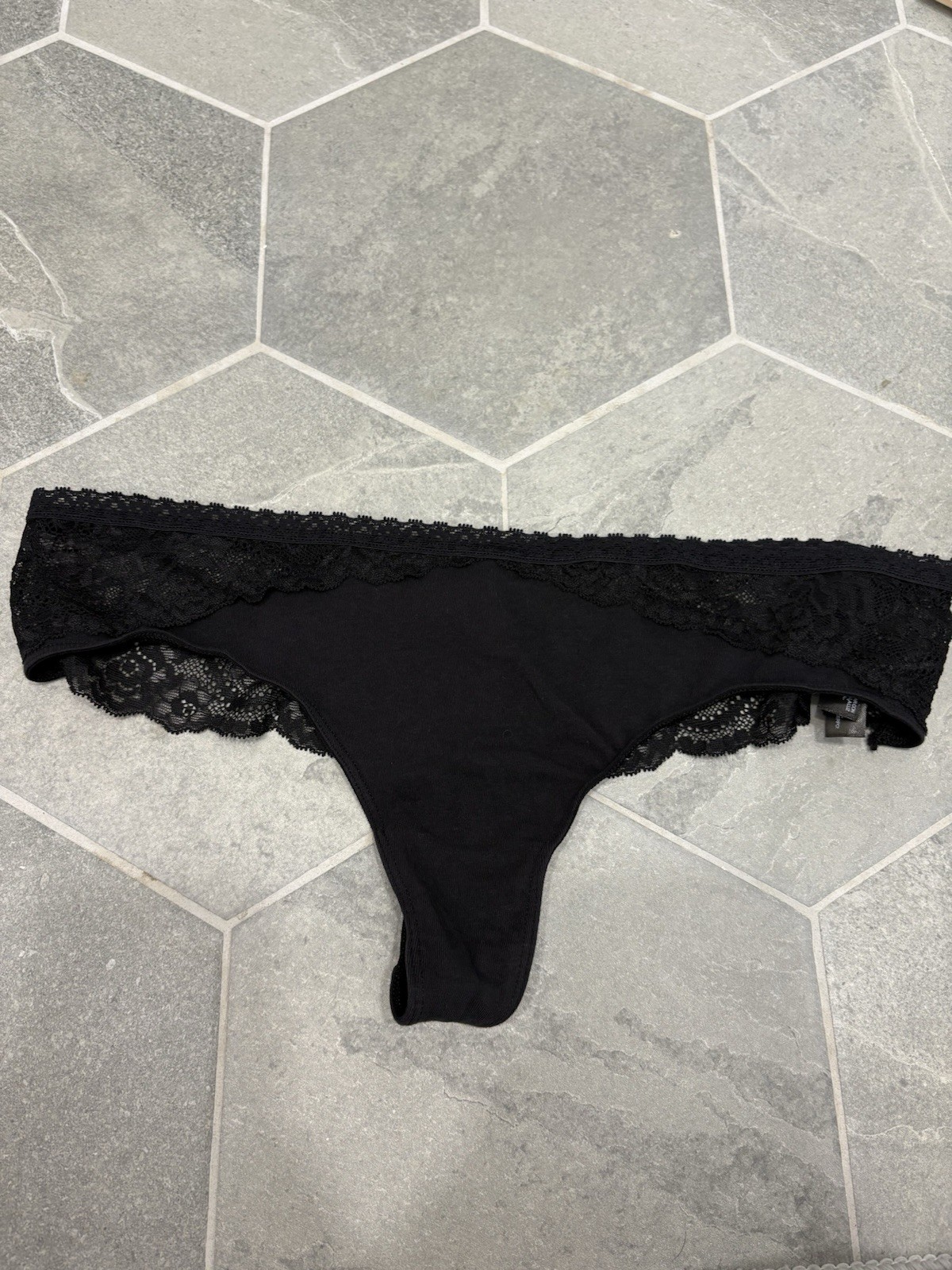 Iris & Lily Hipster Black String Thong Panties Medium Cotton & Lace Blend NWOT