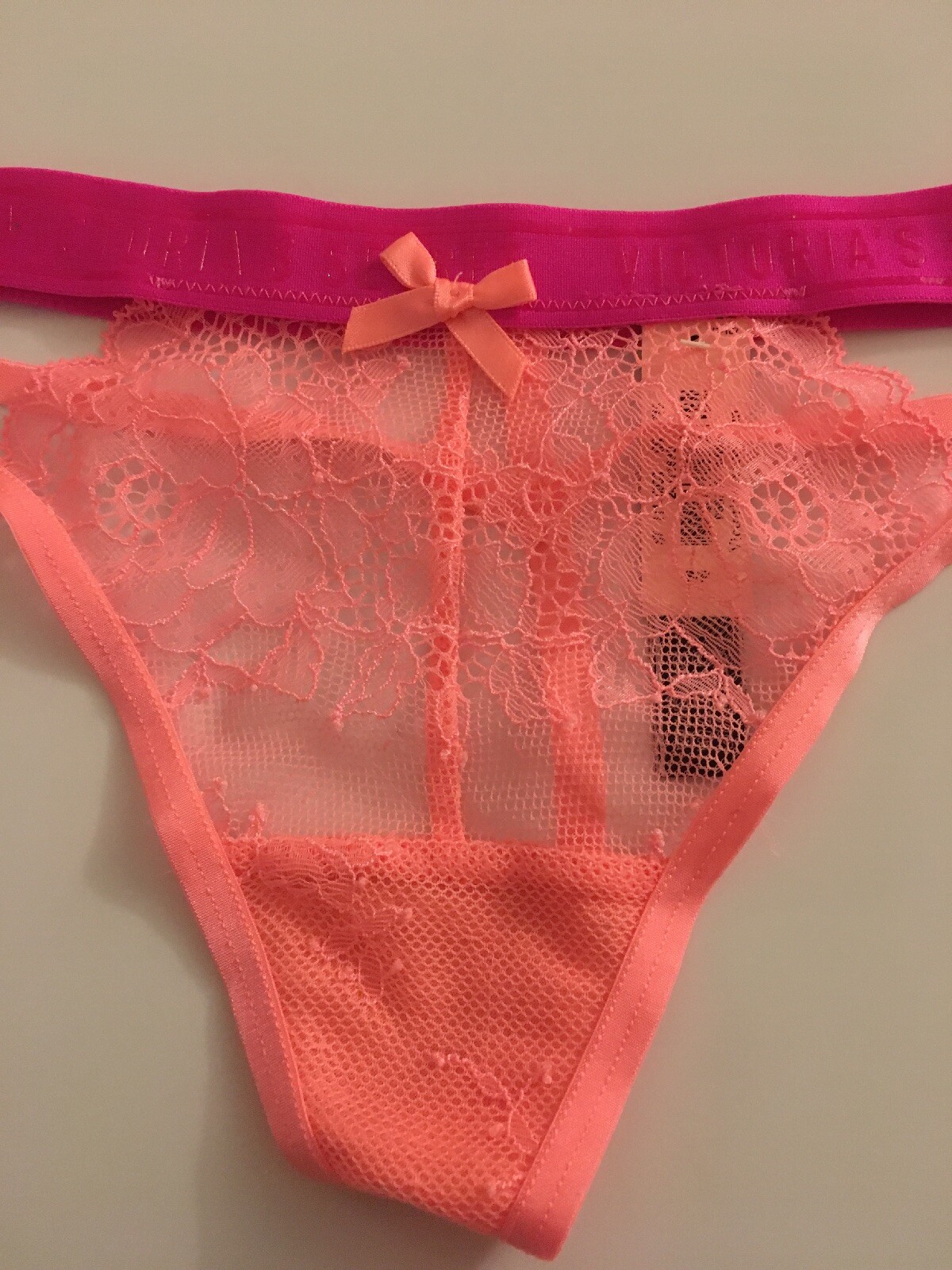 Victorias Secret Coral Lace Thong Panty Size XS Sexy Pink Logo Sport Waistband