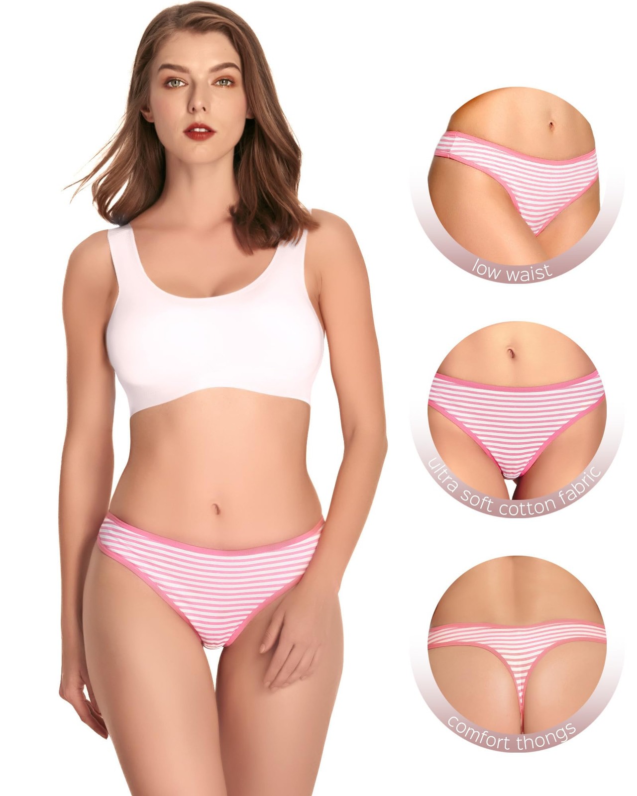 Cotton Thong Panties for Women Breathable Pack of 6 Striped Design (small)