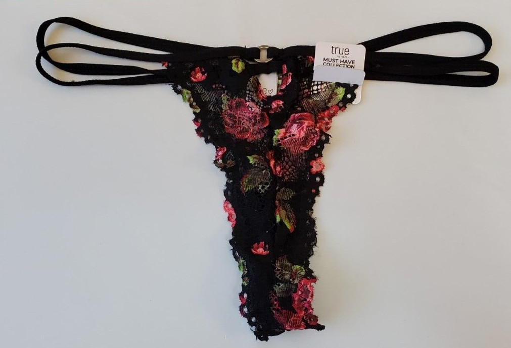 Rue 21 Women’s Lace Thong Panties SMALL O Ring Black W Roses Double Strap New