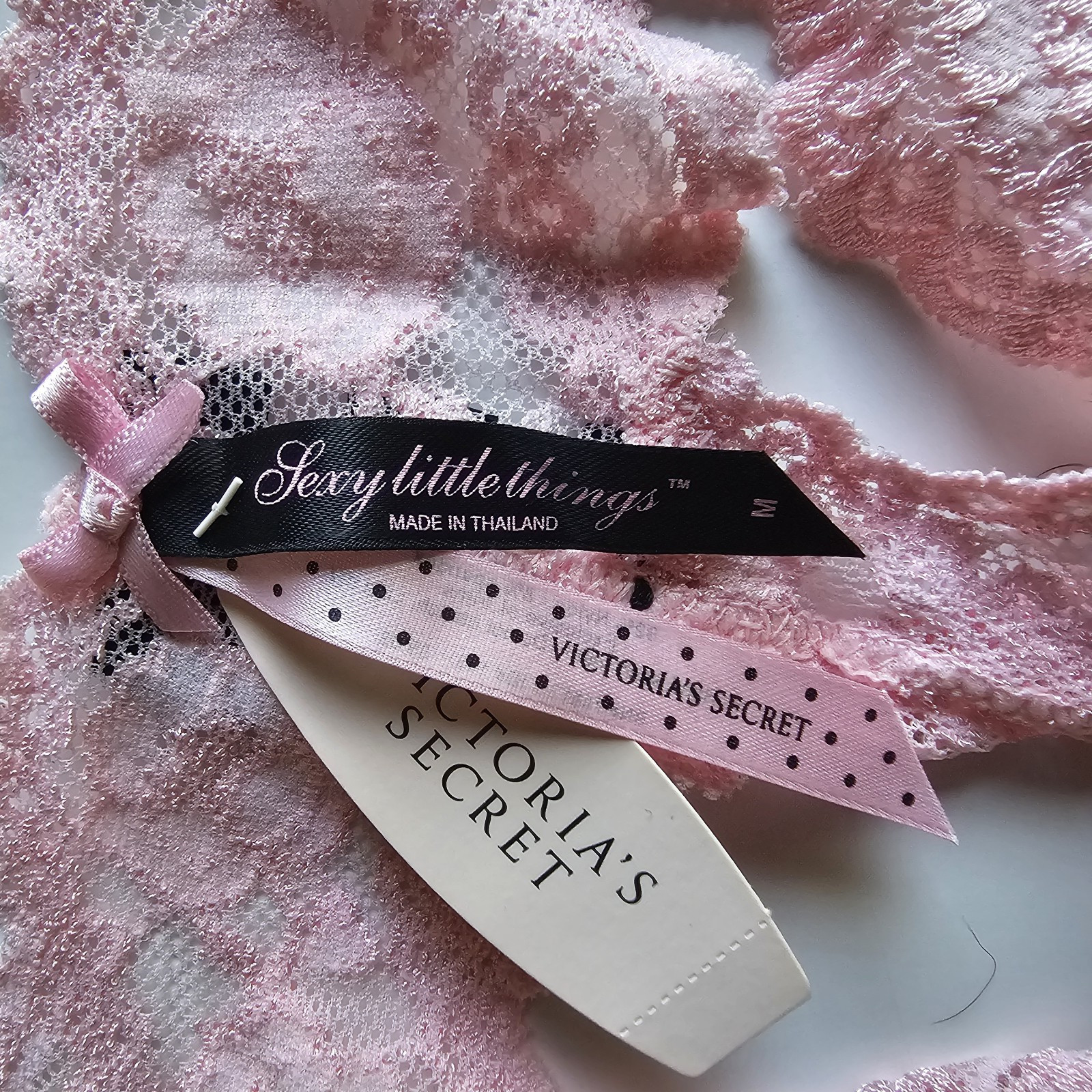 NWT Vintage Victorias Secret Sexy Little Things Lace Thong M 2008 Pink Black Bow