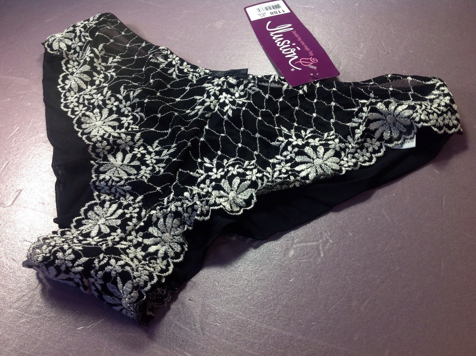 Women Panties,bikinis ILUSION Size L. Black Floral W/gauze Fishnet Decoration