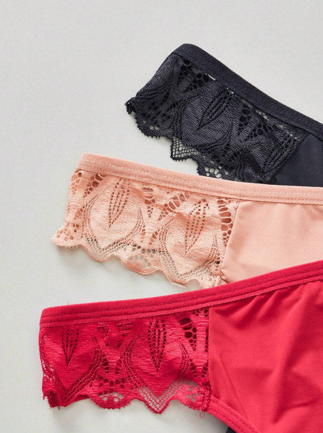 Sexy Cute Polyester Microfiber Lace Trim Thong Panties – Pack of 3