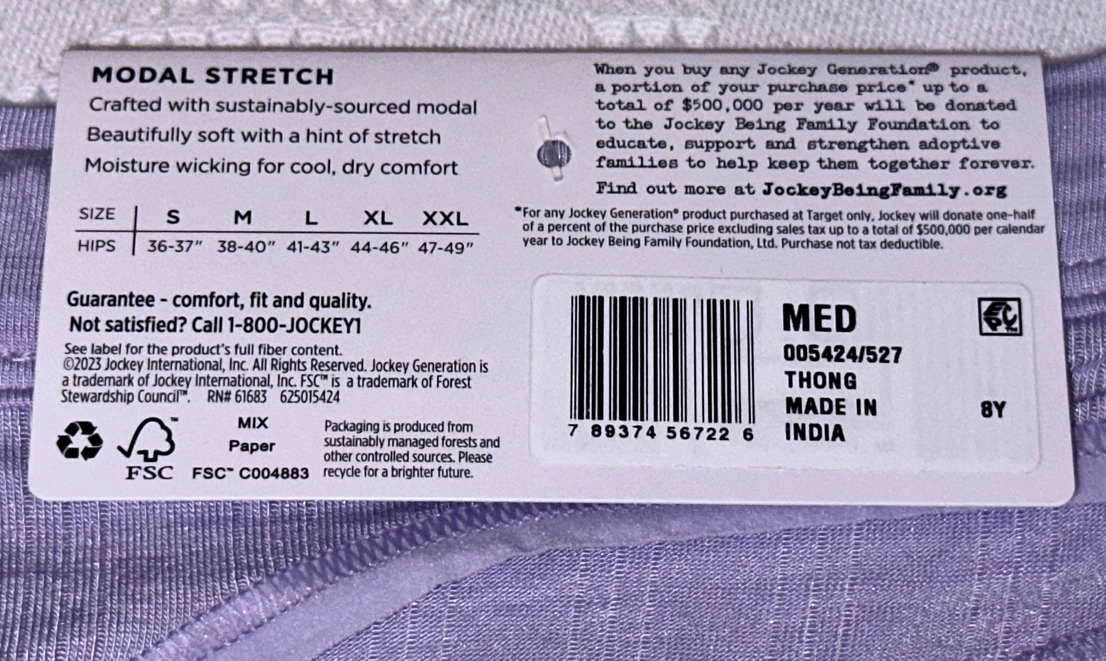 JOCKEY Generation Soft Touch Breath Lavender Thong Panty Womens S M L XL 2XL