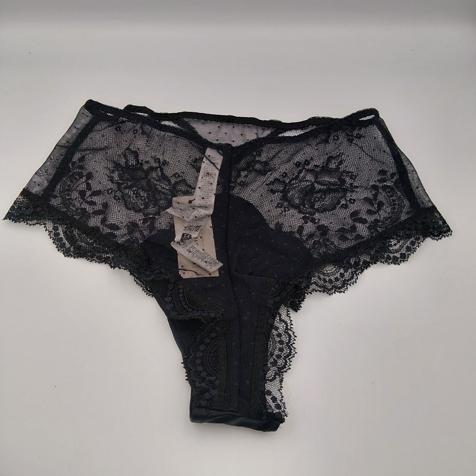Intimissimi LARGE Black Floral Lace & Mesh Brazilian Panties Pearl Detail NWT