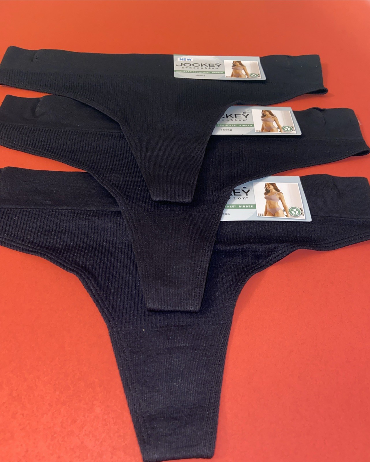 NEW! 3 Pairs! Womens’ Jockey Black Ribbed Nylon Stretch Thong / Medium