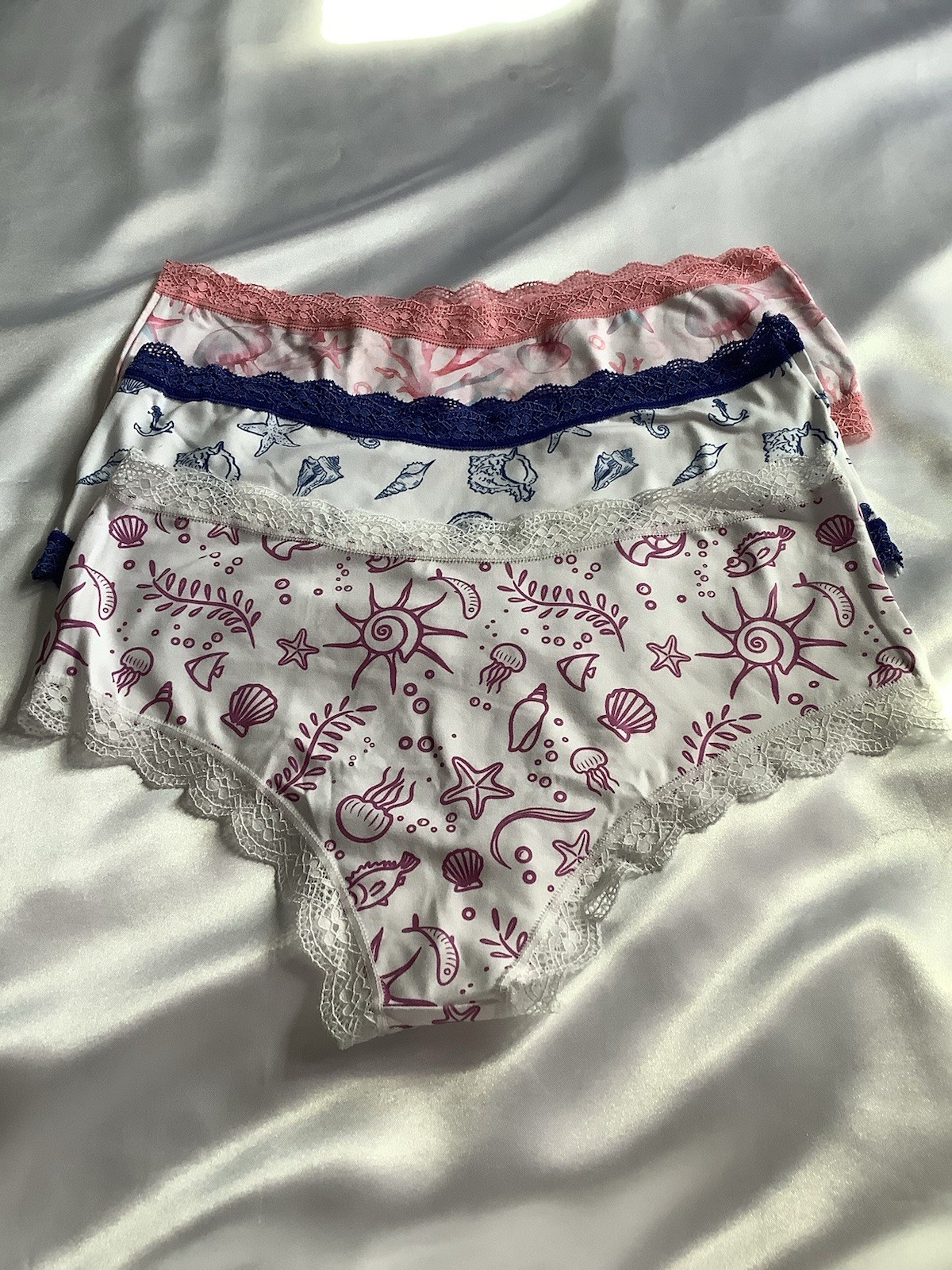 Women’s Teen Marine Life Bikini Brief Panties Lace Trim Stretch Blue Pink 3pk M