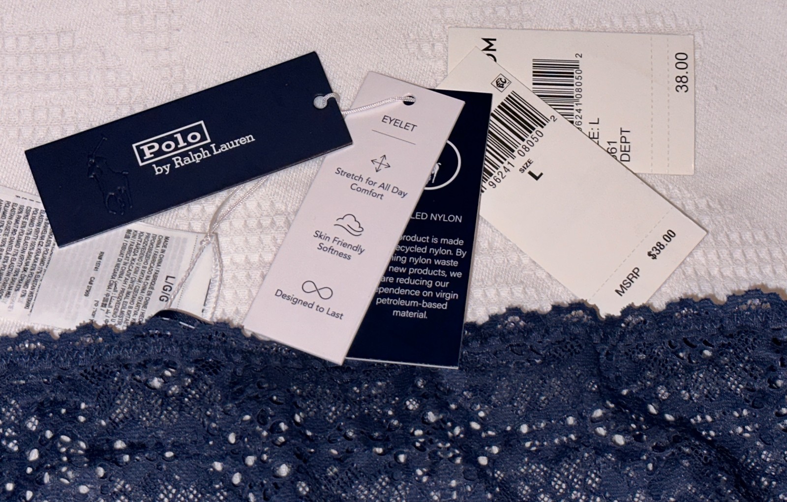 POLO RALPH LAUREN Eyelet Lace Hip Hugger Denim Blue Hipster Panty Women L 7 XL 8