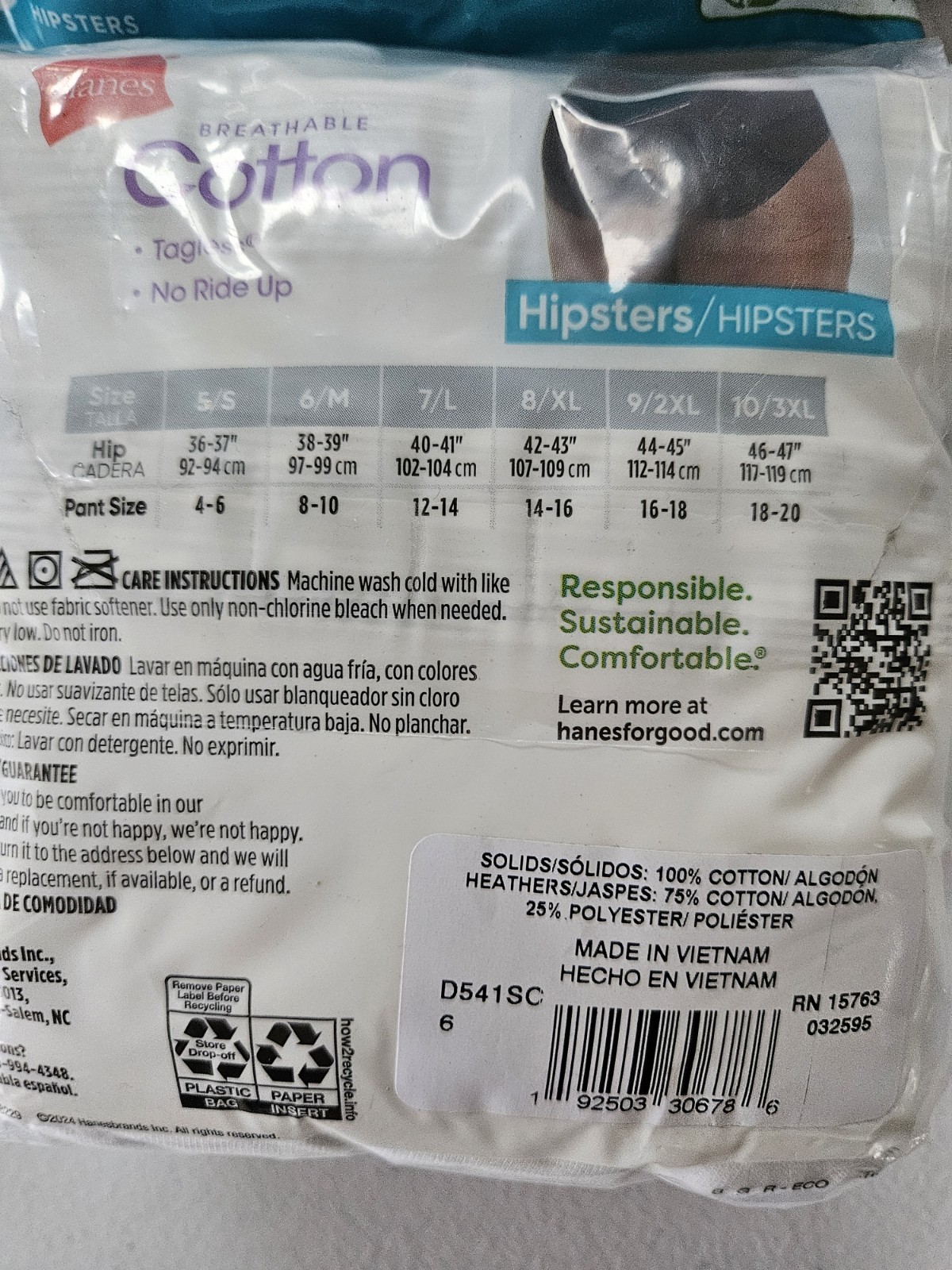 Hanes Breathable Cotton Hipster Panties 5-Pack Tagless Size 6/M Multicolor