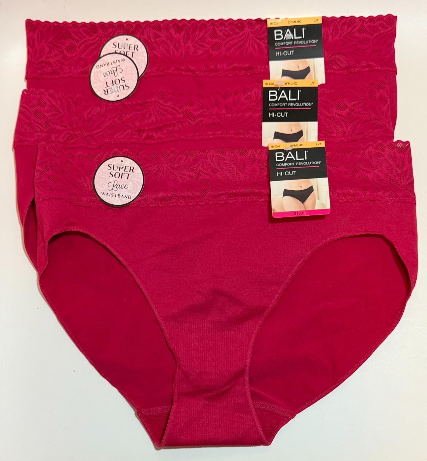 NWT 3 Bali Comfort Revolution DFMLHC Hi Cut Panties Red Size 7/L