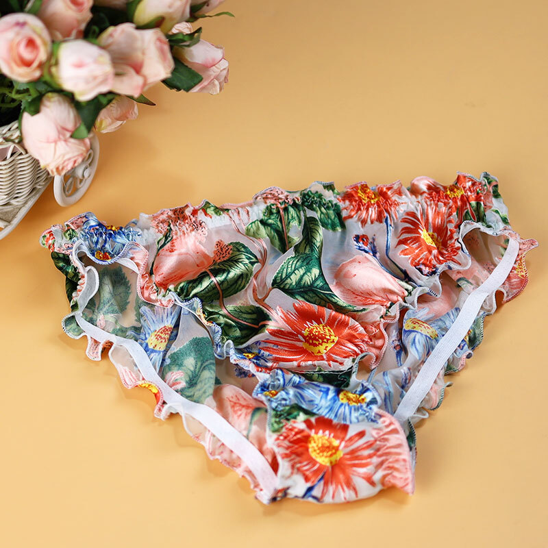 2 Pairs Women Vintage Panties Silk Underwear Floral Briefs See Through Underwear