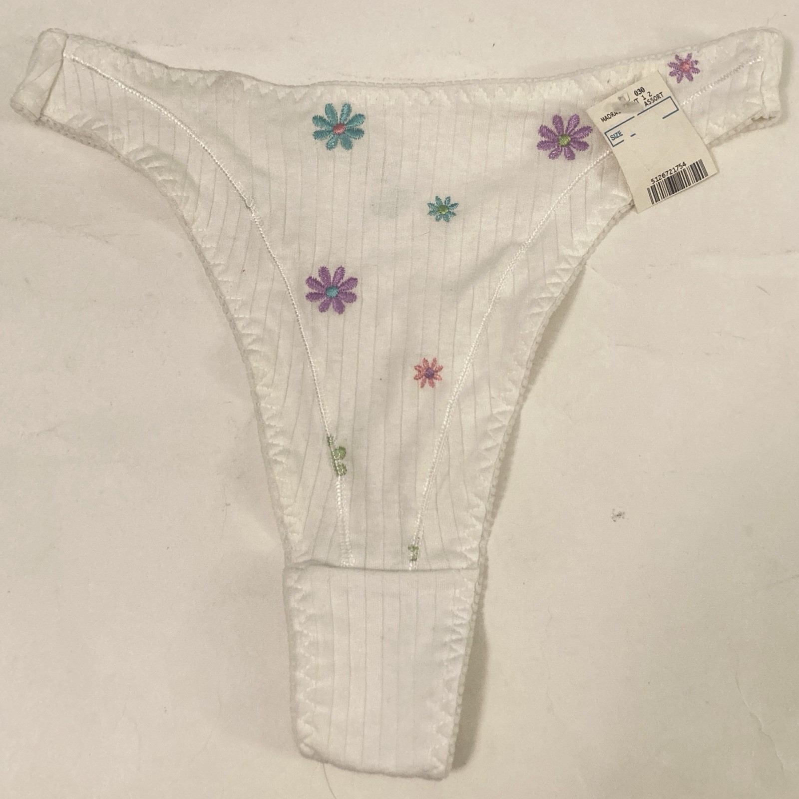 Vintage 90’s Y2K Thong Panties Underwear High Cut Leg Waist Cotton White Flowers